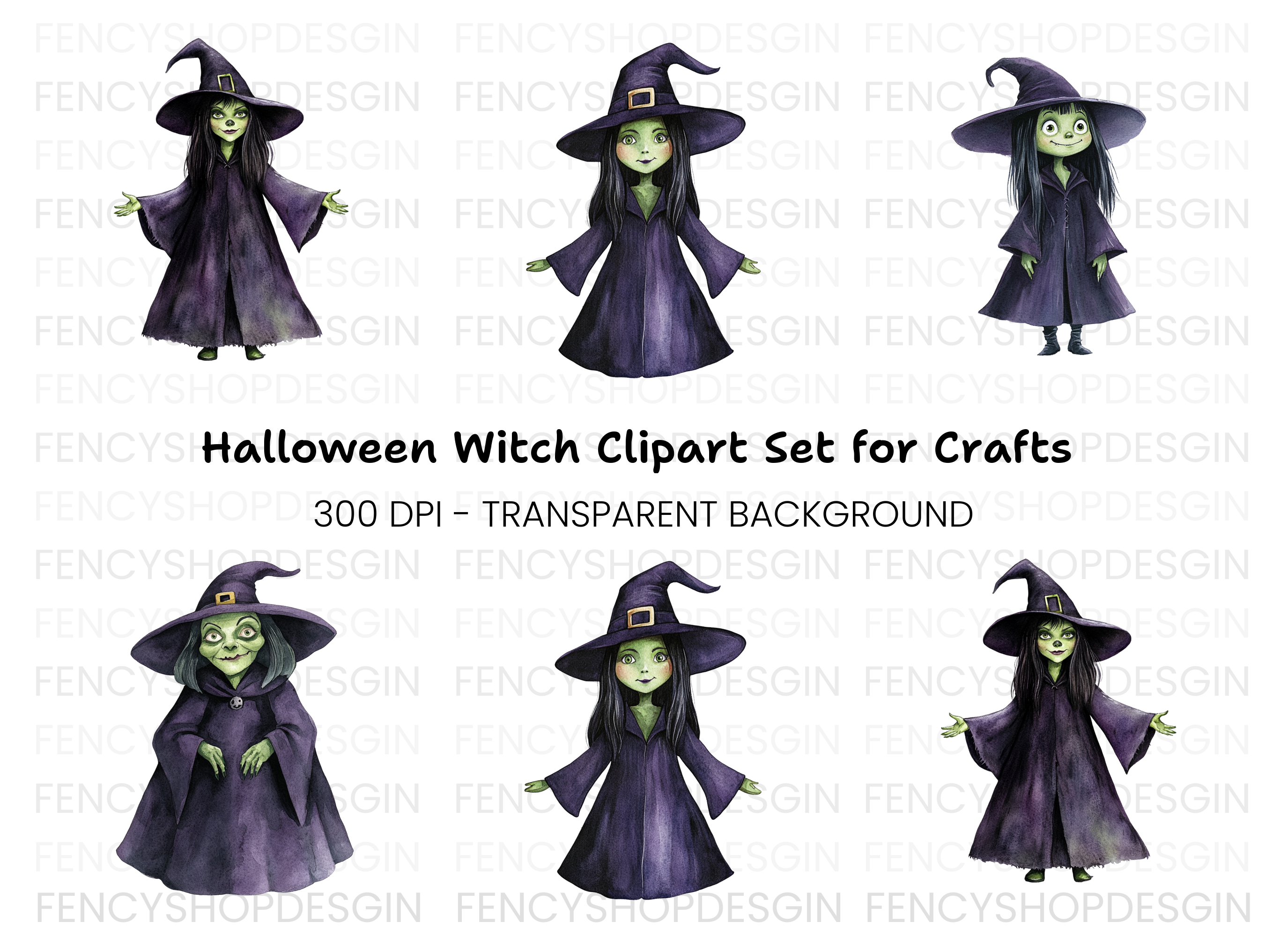 Green Skinned Witch Halloween Clipart Bundle