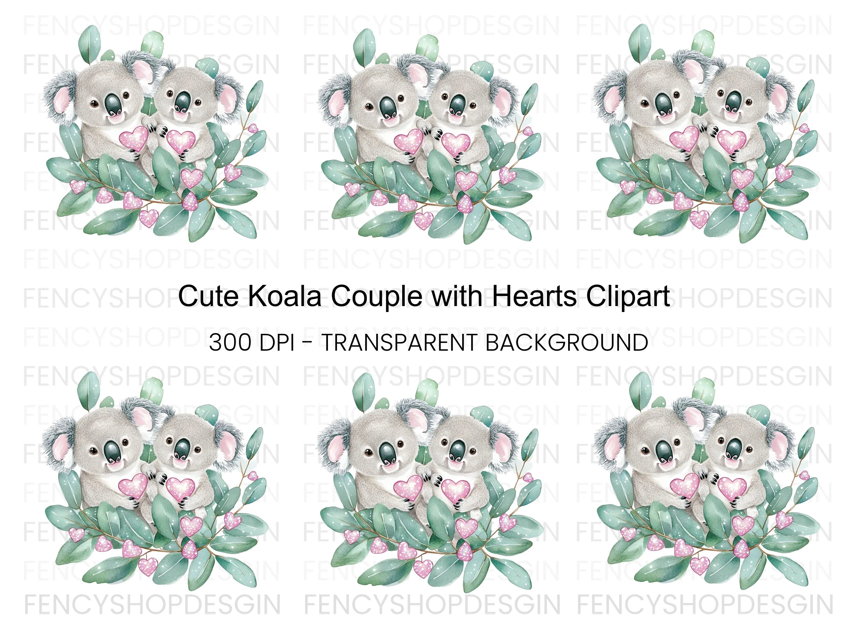 Cute Koala Couple with Pink Hearts Clipart Bundle