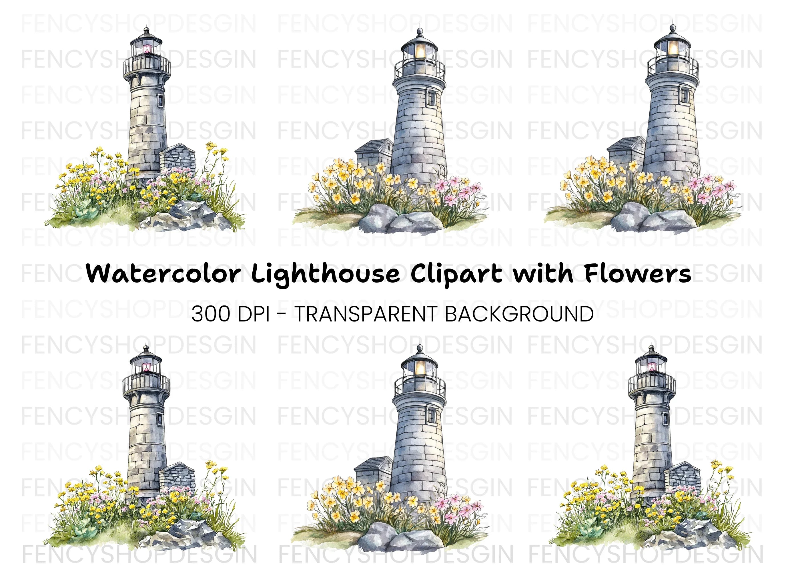 Stone Lighthouse with Flowers Clipart Bundle