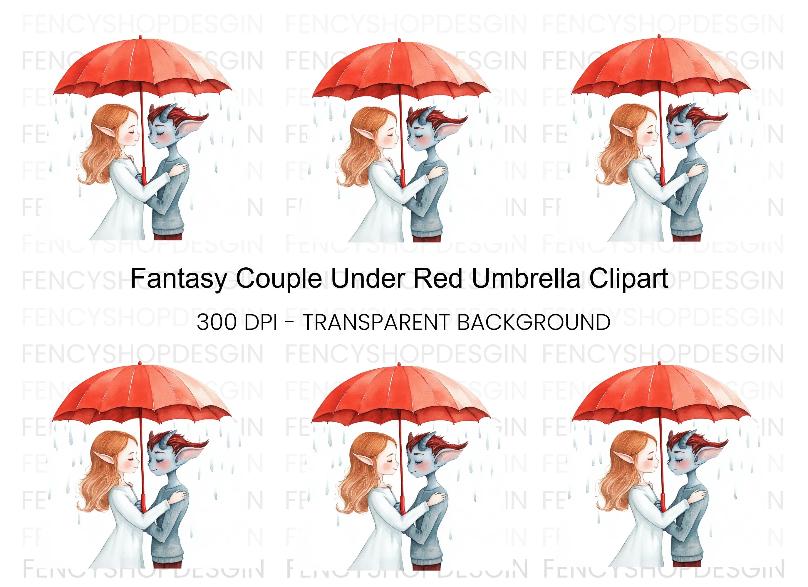 Fantasy Couple Under Red Umbrella Clipart Bundle