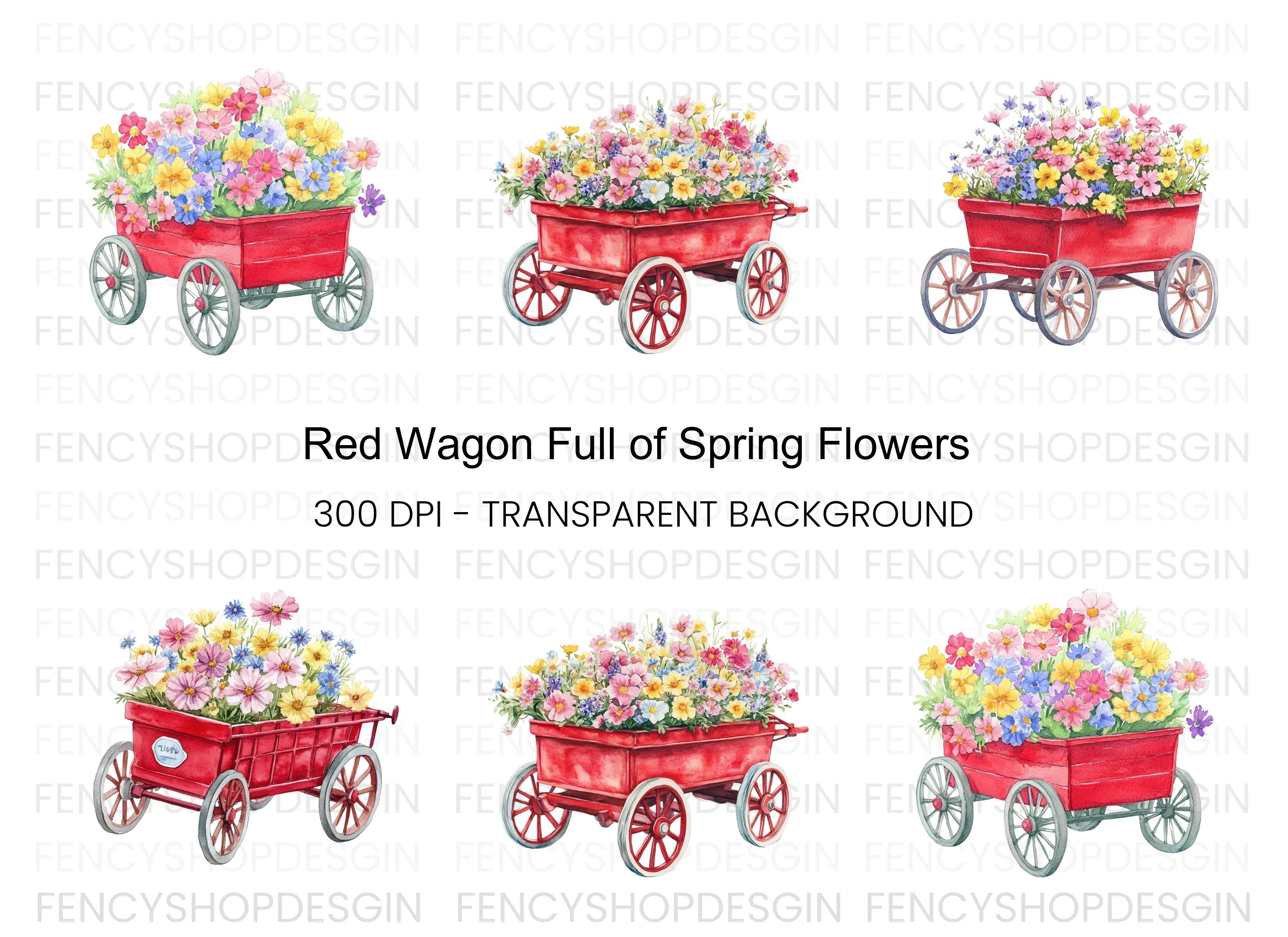 Red Wagon with Spring Flowers Clipart Bundle