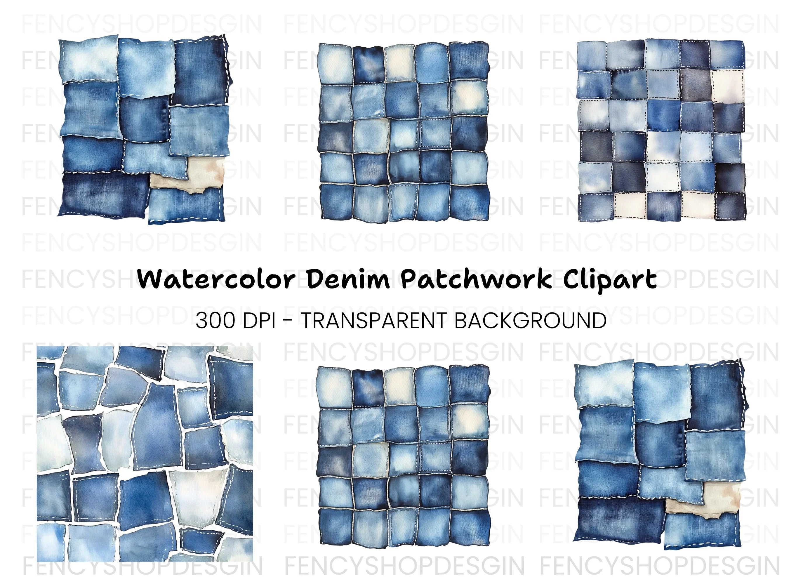 Denim Patchwork Patterns Clipart Bundle