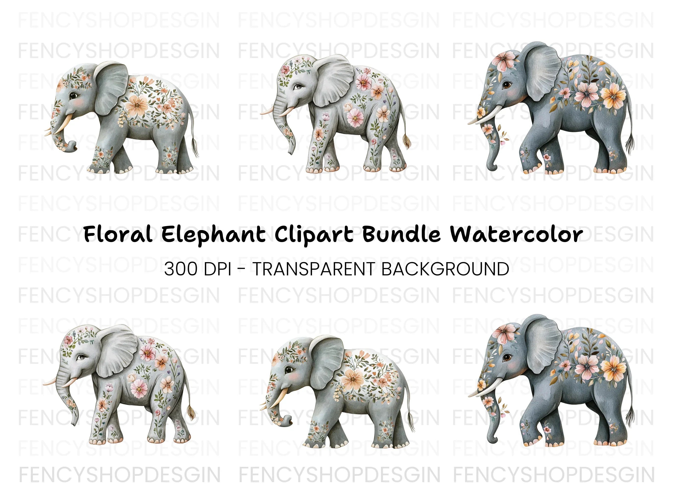 Floral Elephant Clipart Bundle