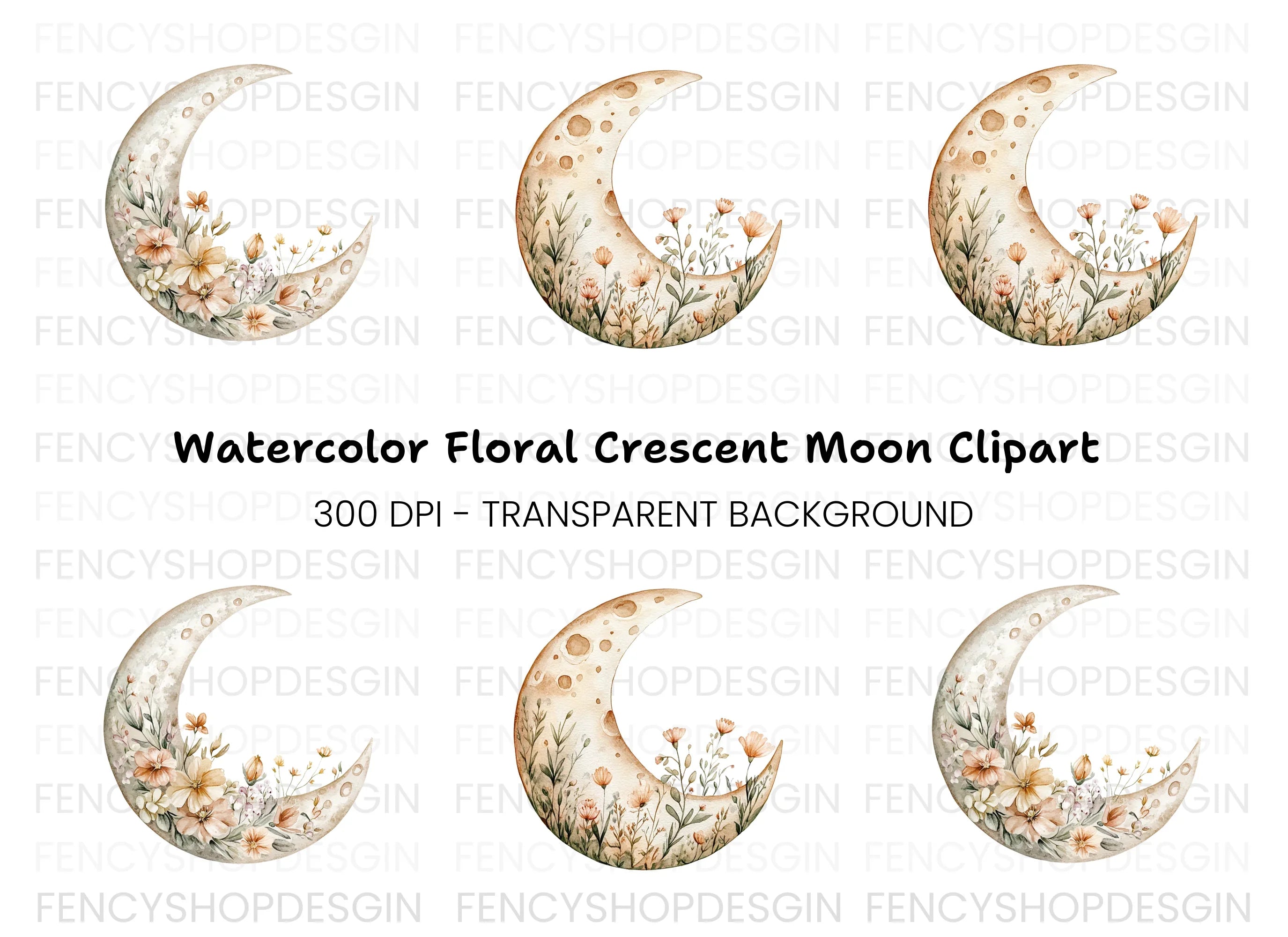 Floral Crescent Moon Clipart Bundle