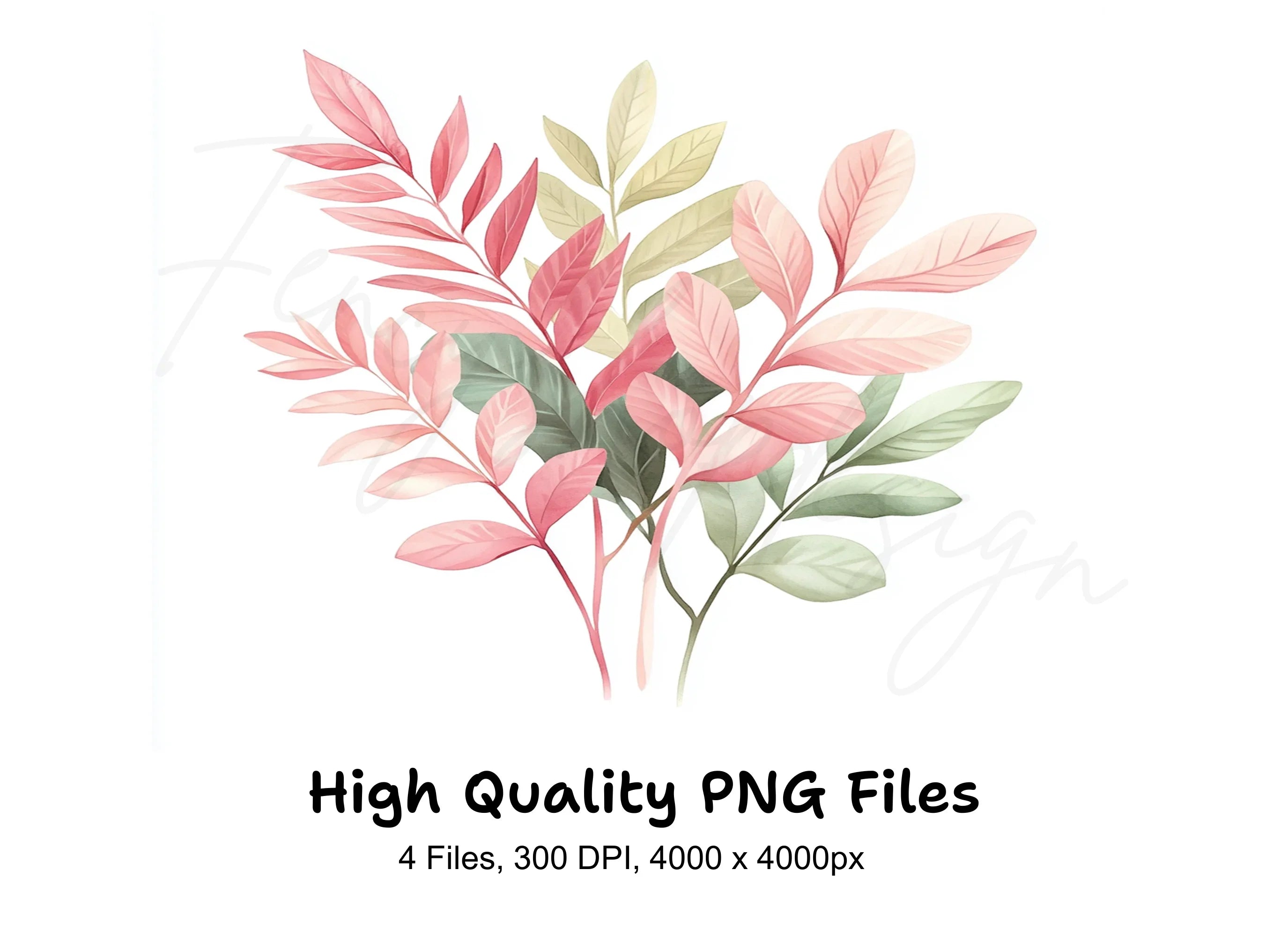 Soft Pink Green Foliage Clipart Bundle