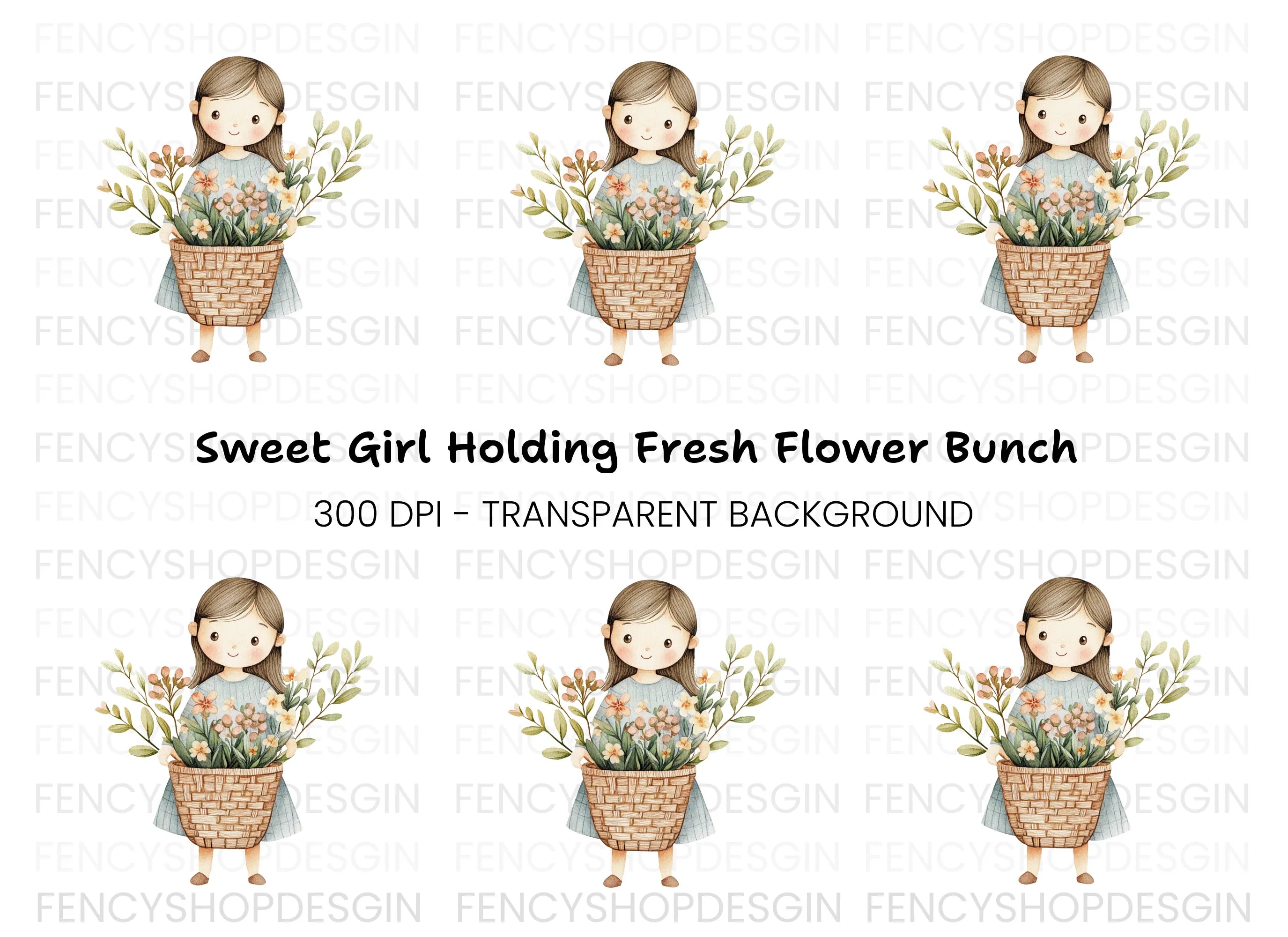 Sweet Girl with Flower Basket Clipart Bundle