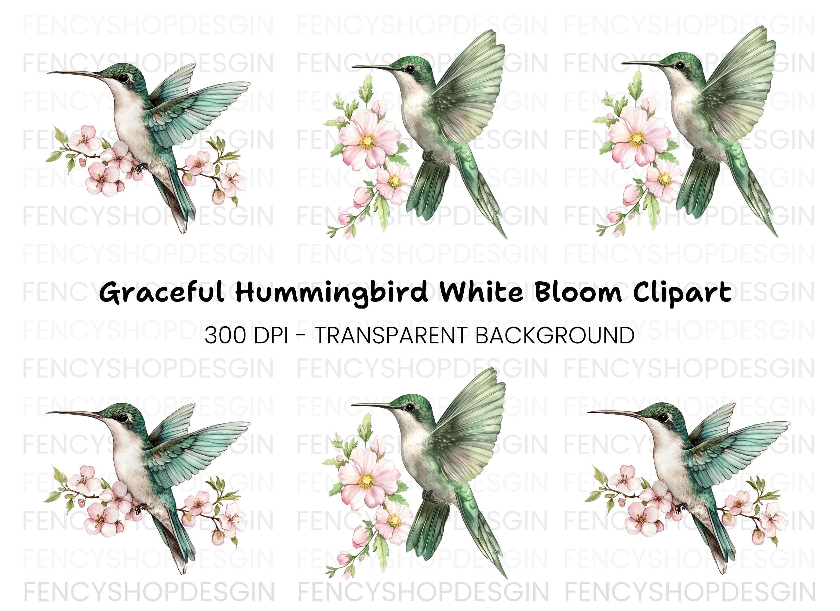 Hummingbird with Pink Blossoms Clipart Bundle