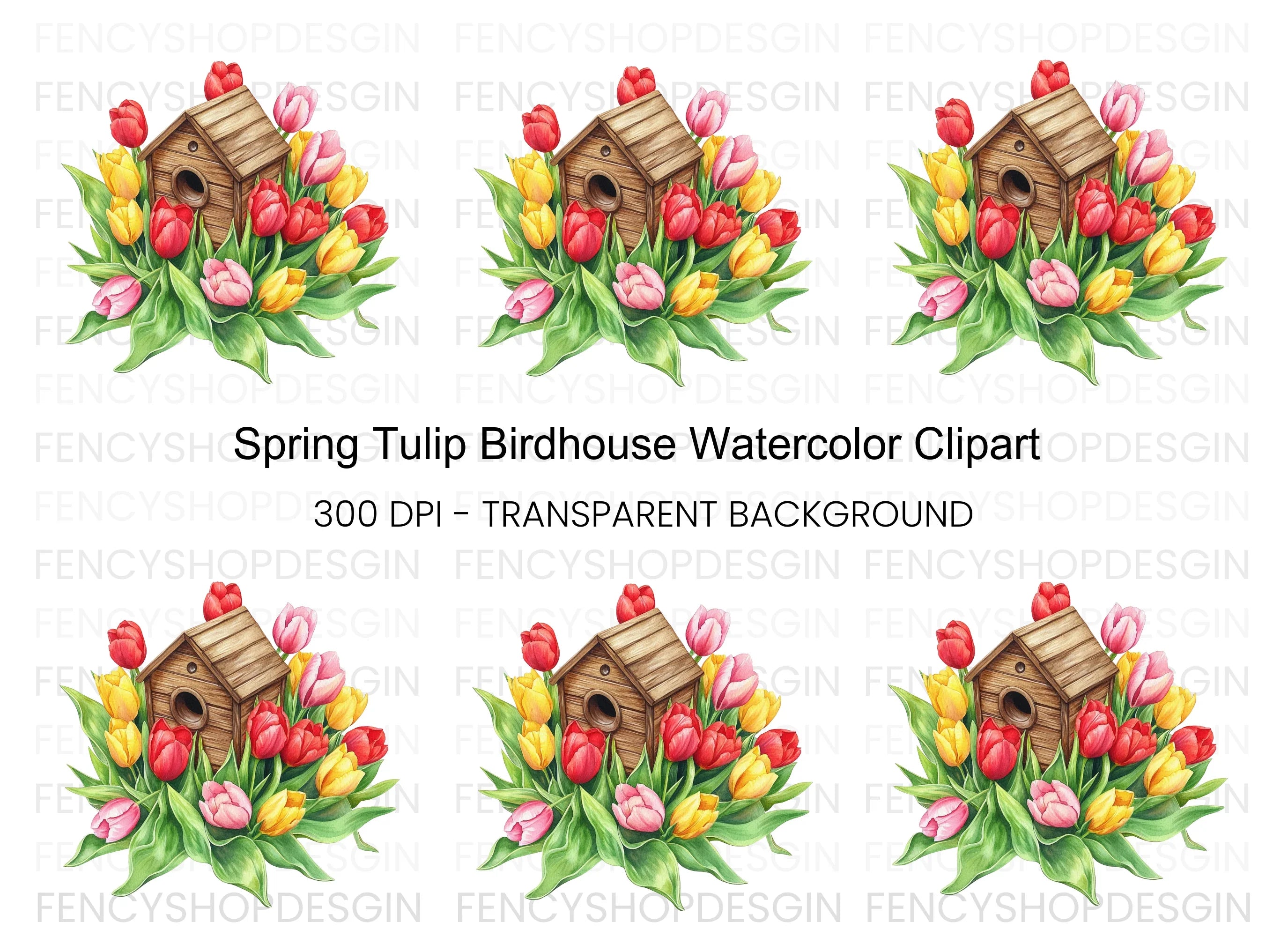 Colorful Tulips Birdhouse Clipart Bundle
