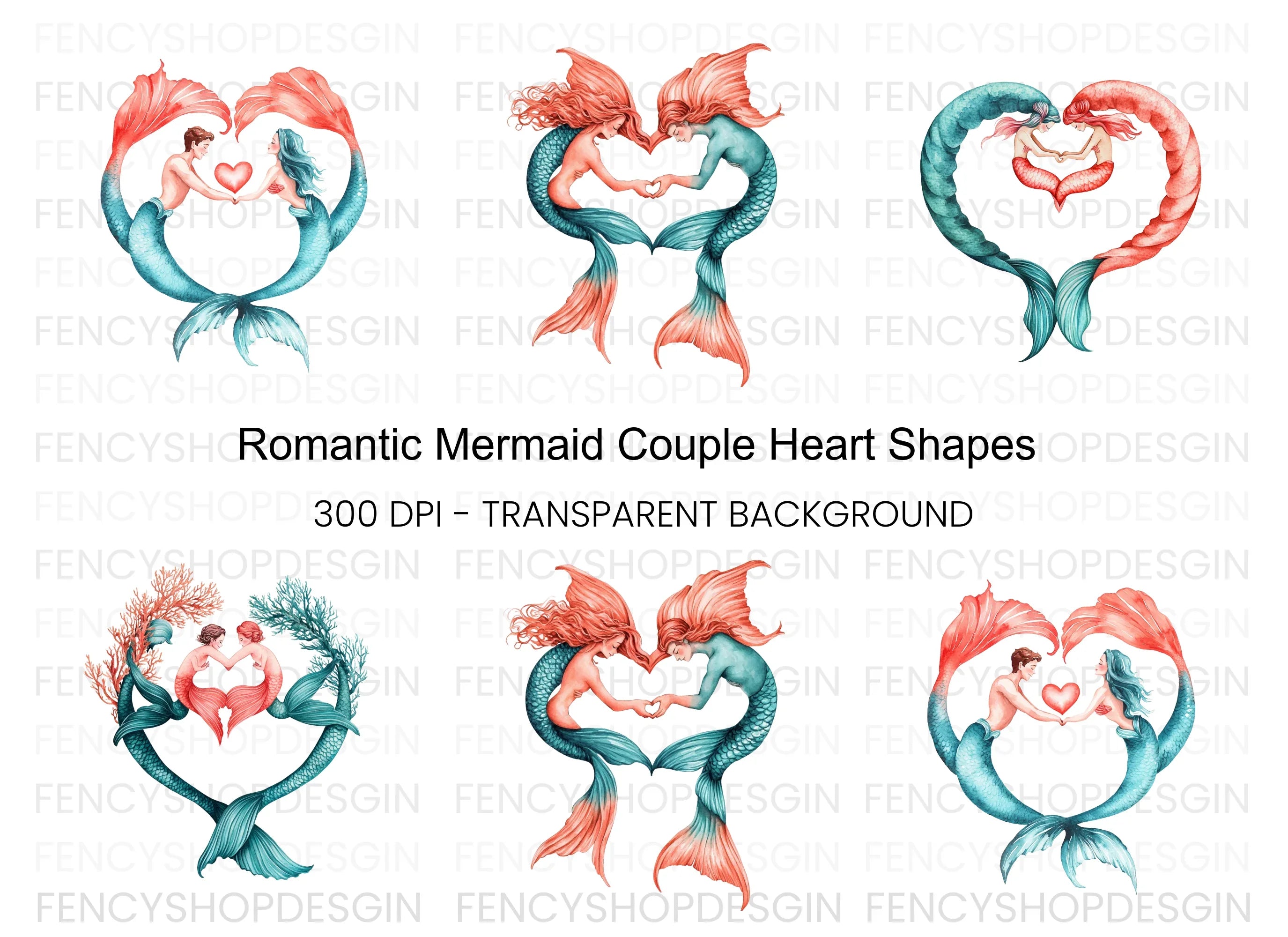 Romantic Mermaid Heart Couple Clipart Bundle