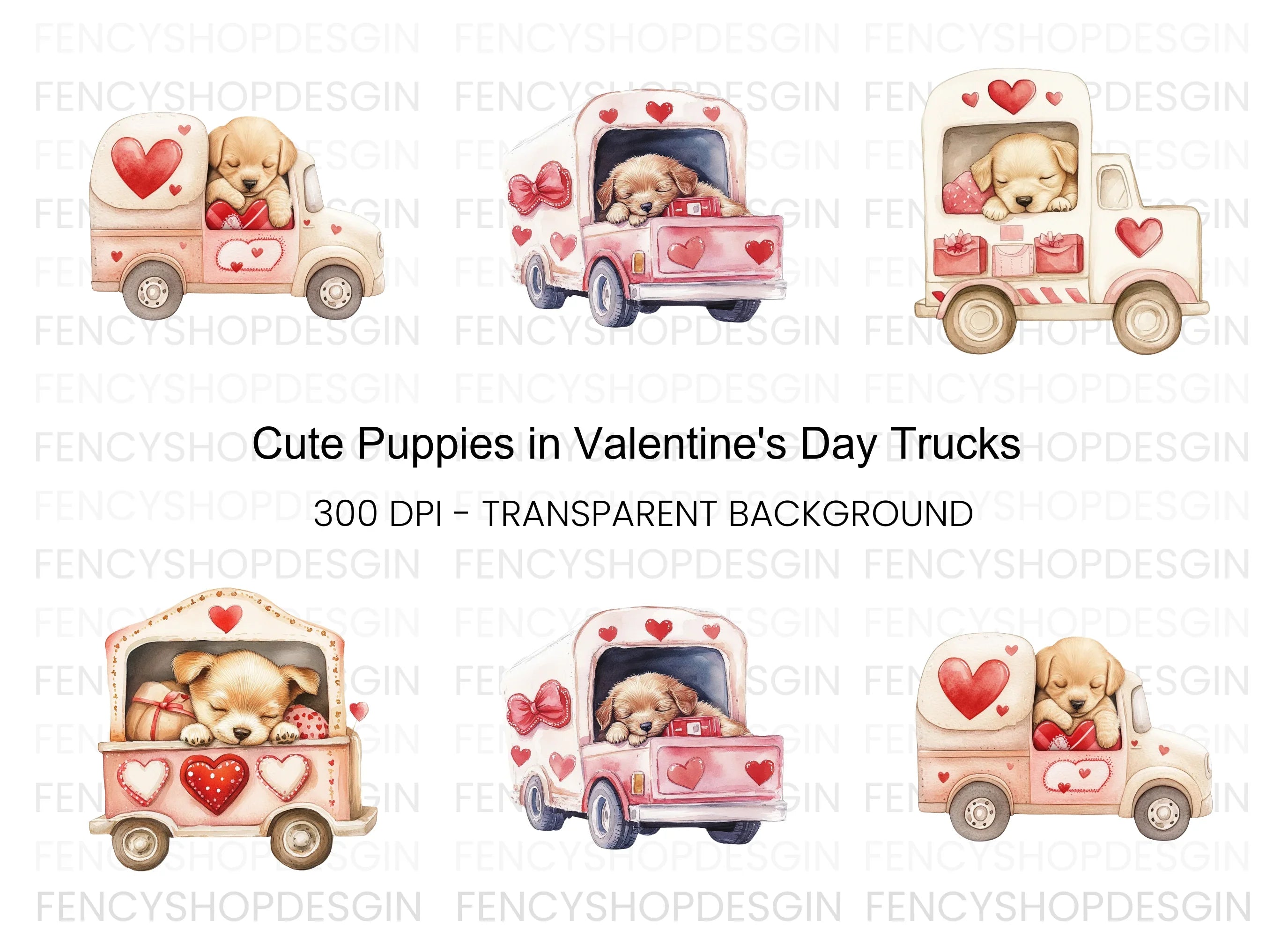 Sleeping Puppies in Love Trucks Clipart Bundle