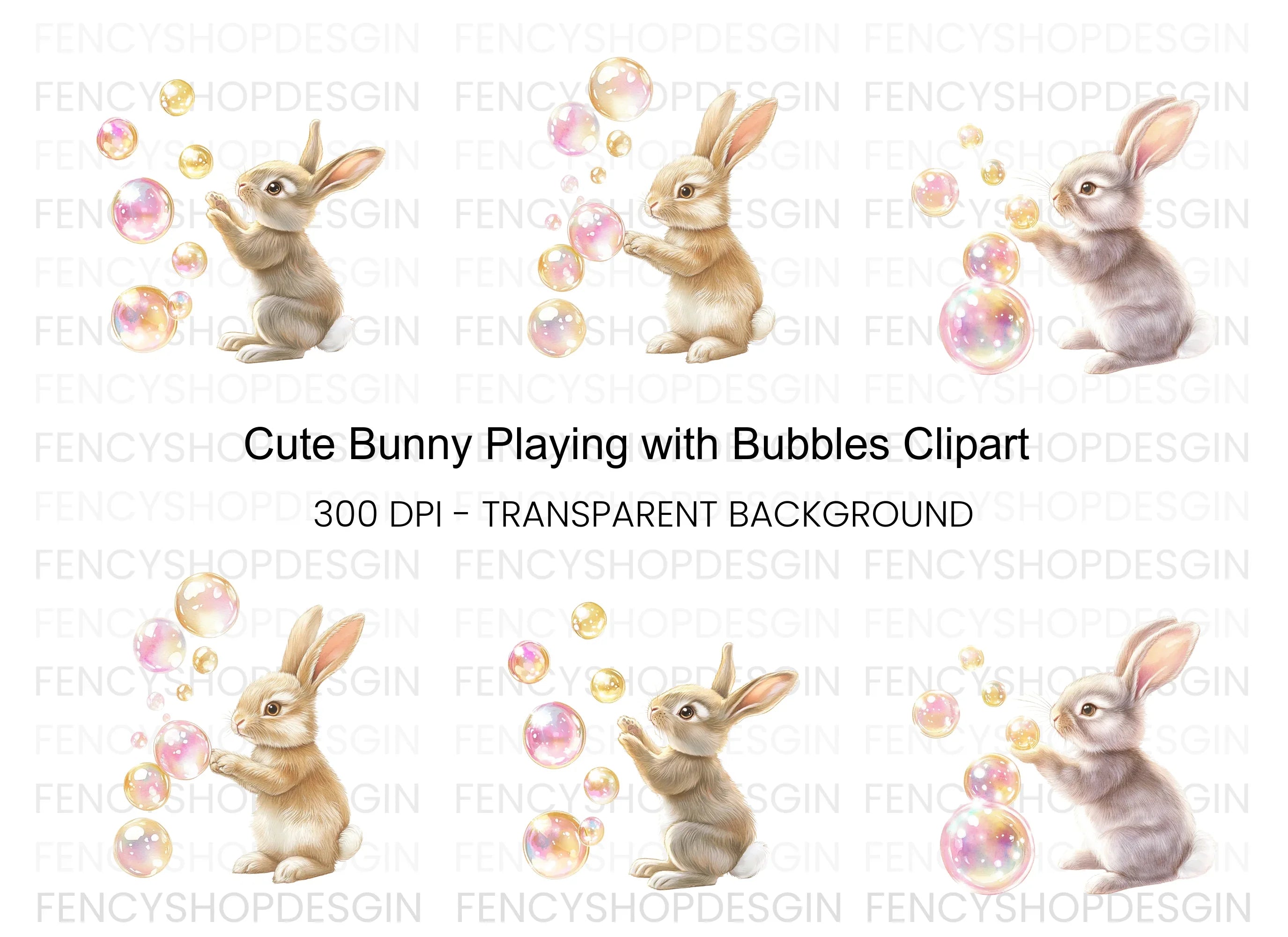 Cute Bunny Playing With Bubbles Clipart Bundle