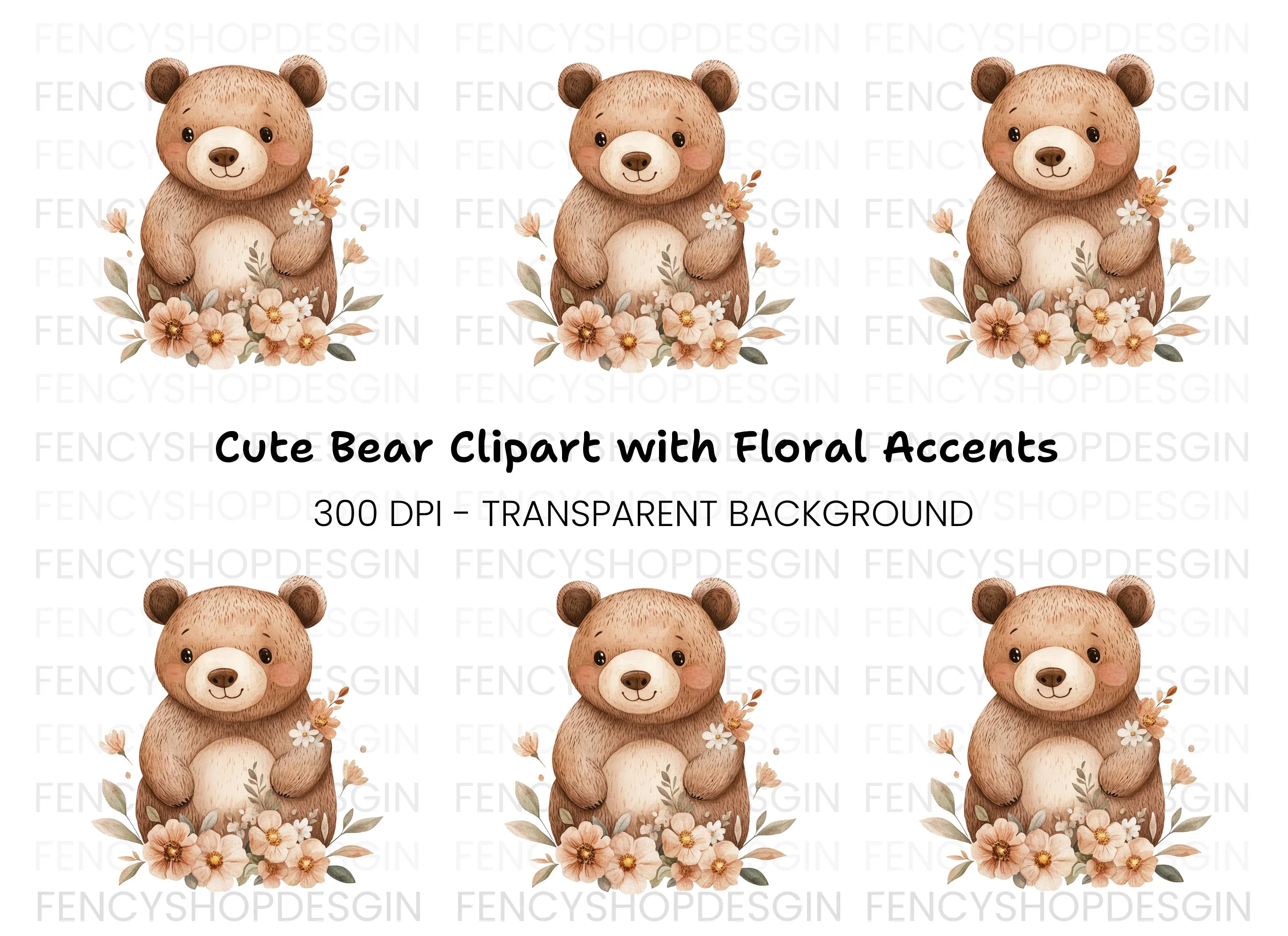 Cute Bear with Flowers Clipart Bundle