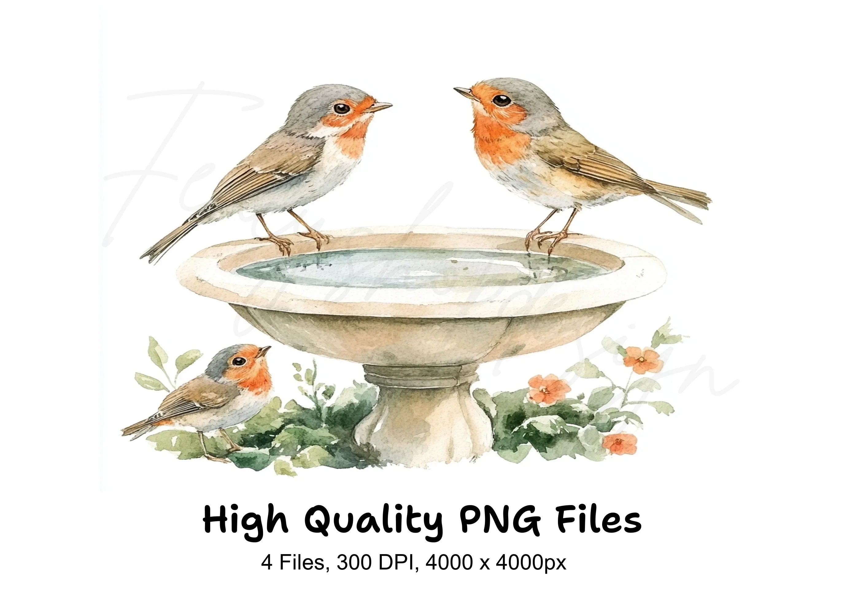Robin Bird Bath Clipart Bundle