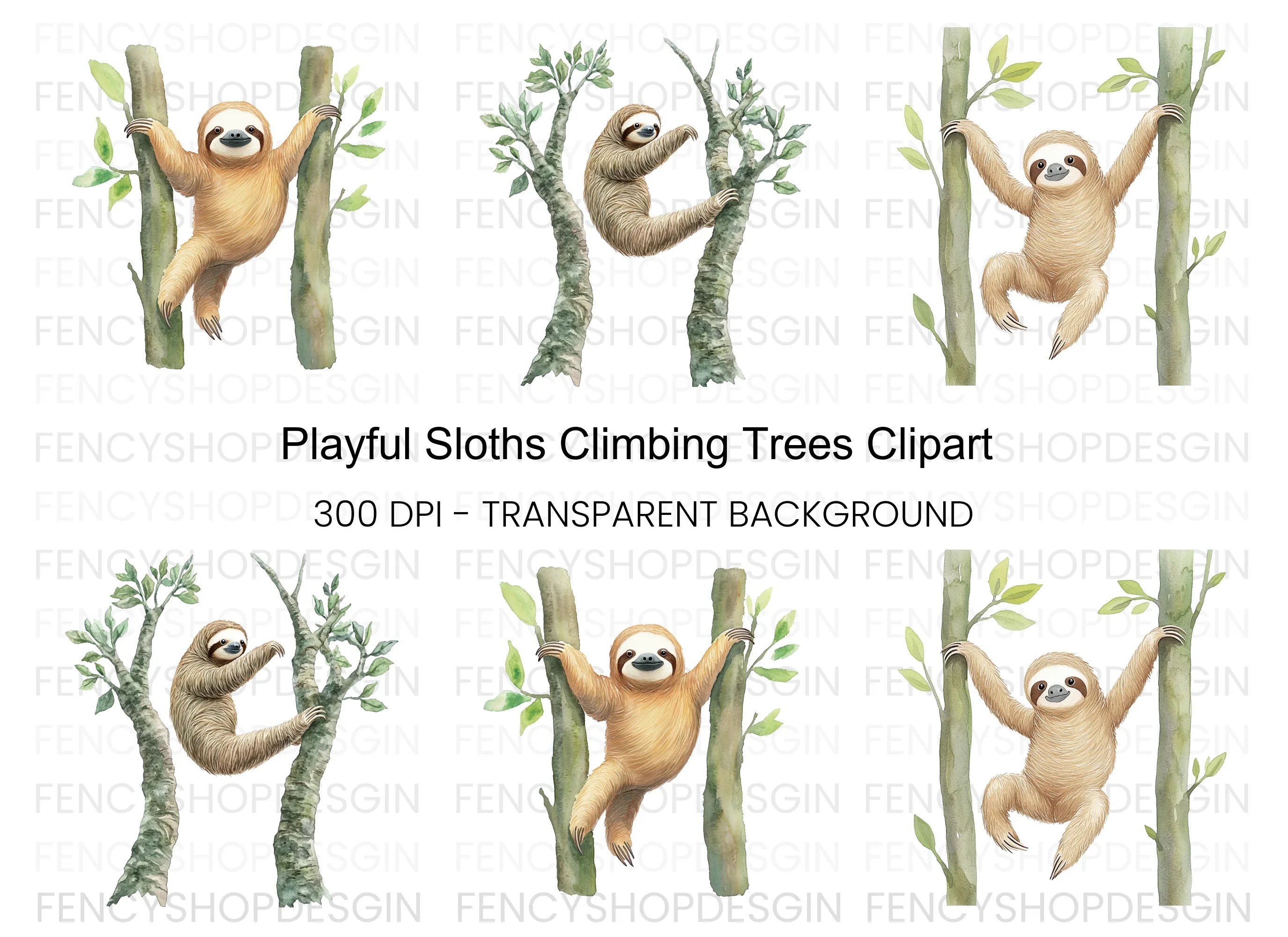 Playful Sloths Climbing Trees Clipart Bundle