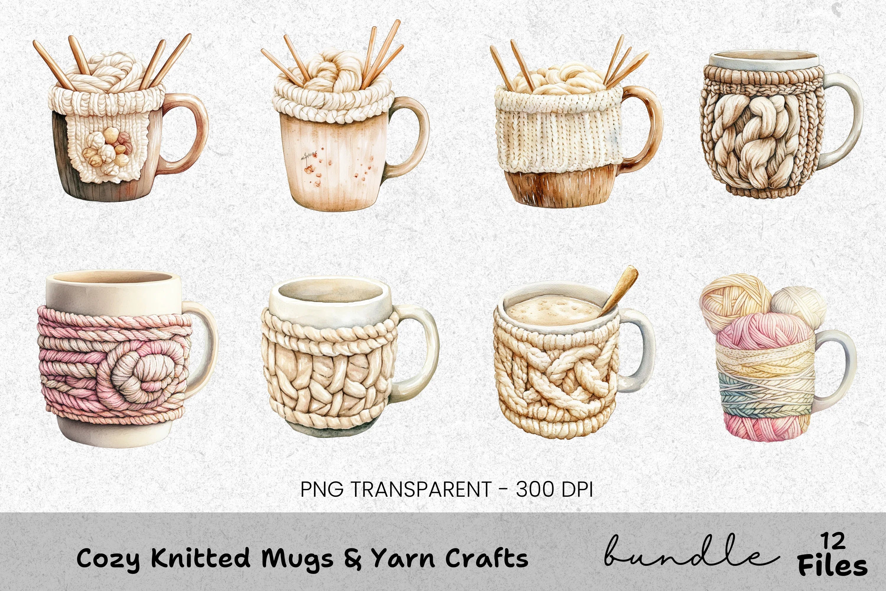 Cozy Knitted Mugs Yarn Crafts Clipart Bundle