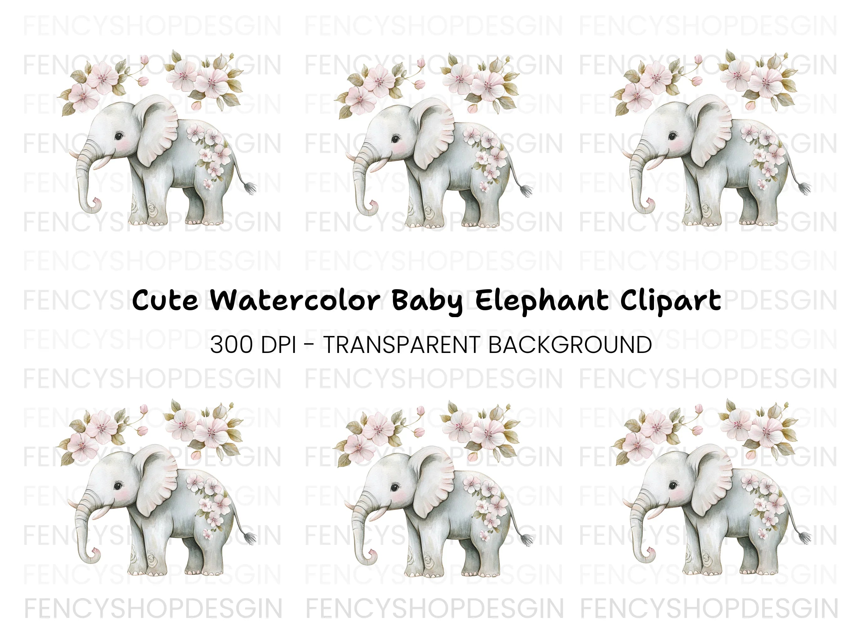 Cute Elephant with Flowers Clipart Bundle