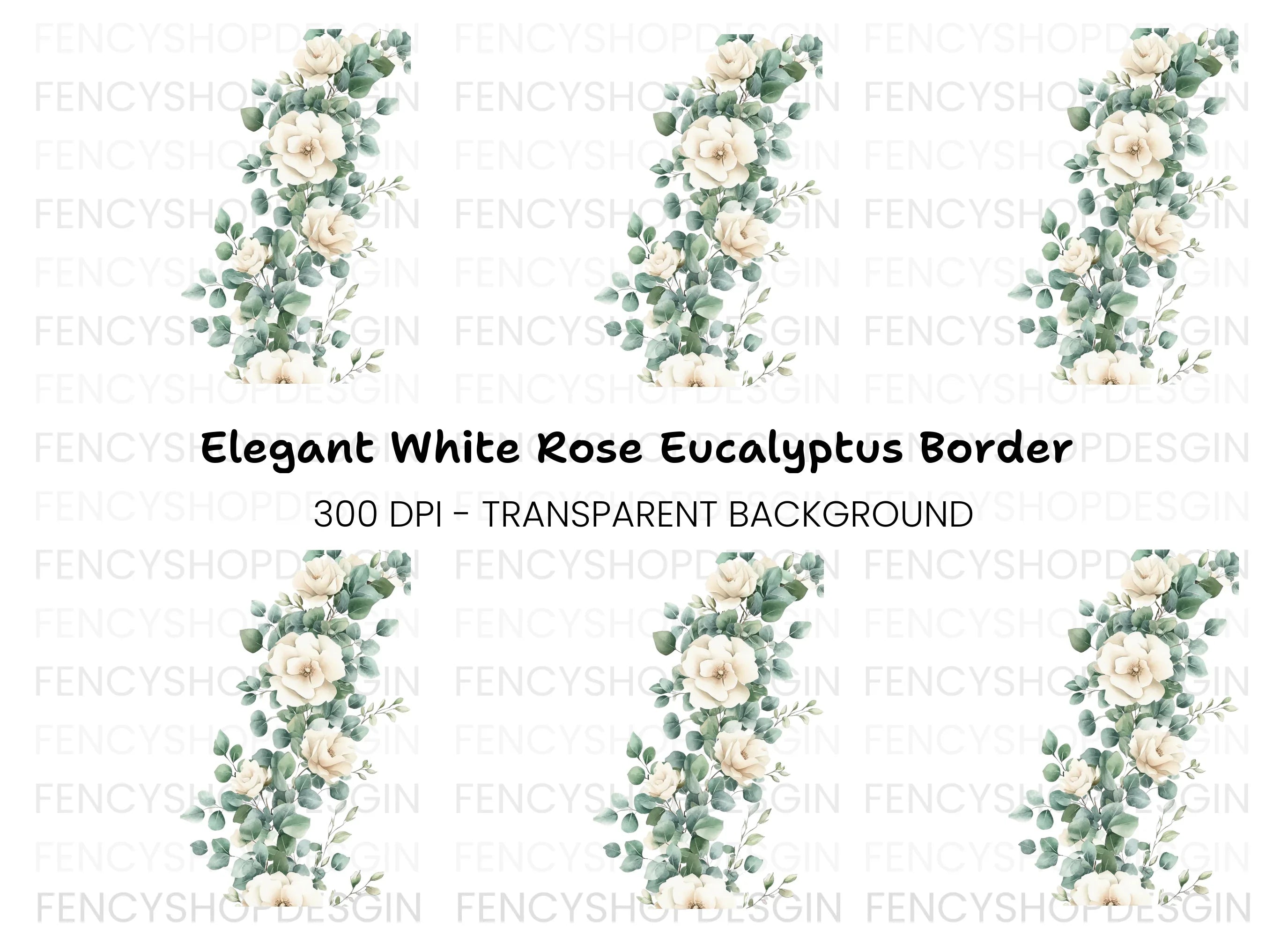 Elegant White Roses Eucalyptus Border Clipart Bundle