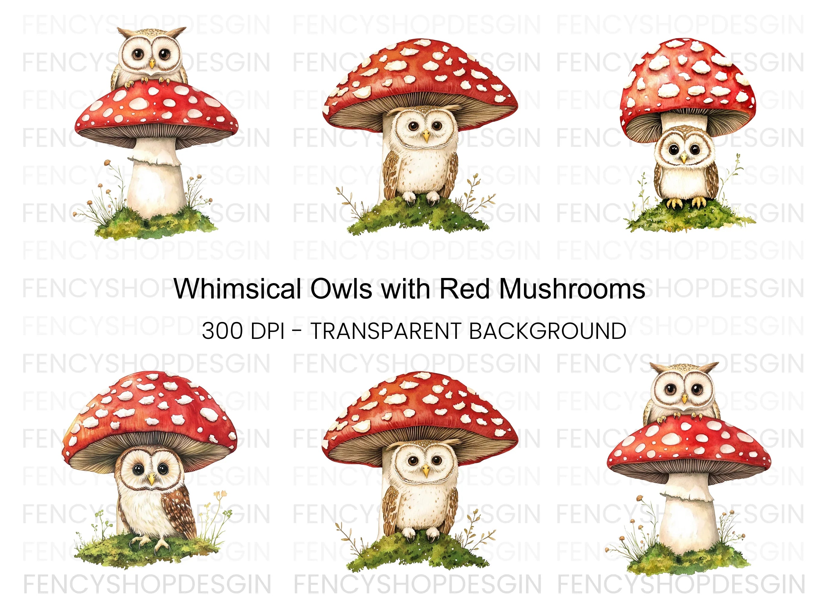 Whimsical Owls on Mushroom Clipart Bundle