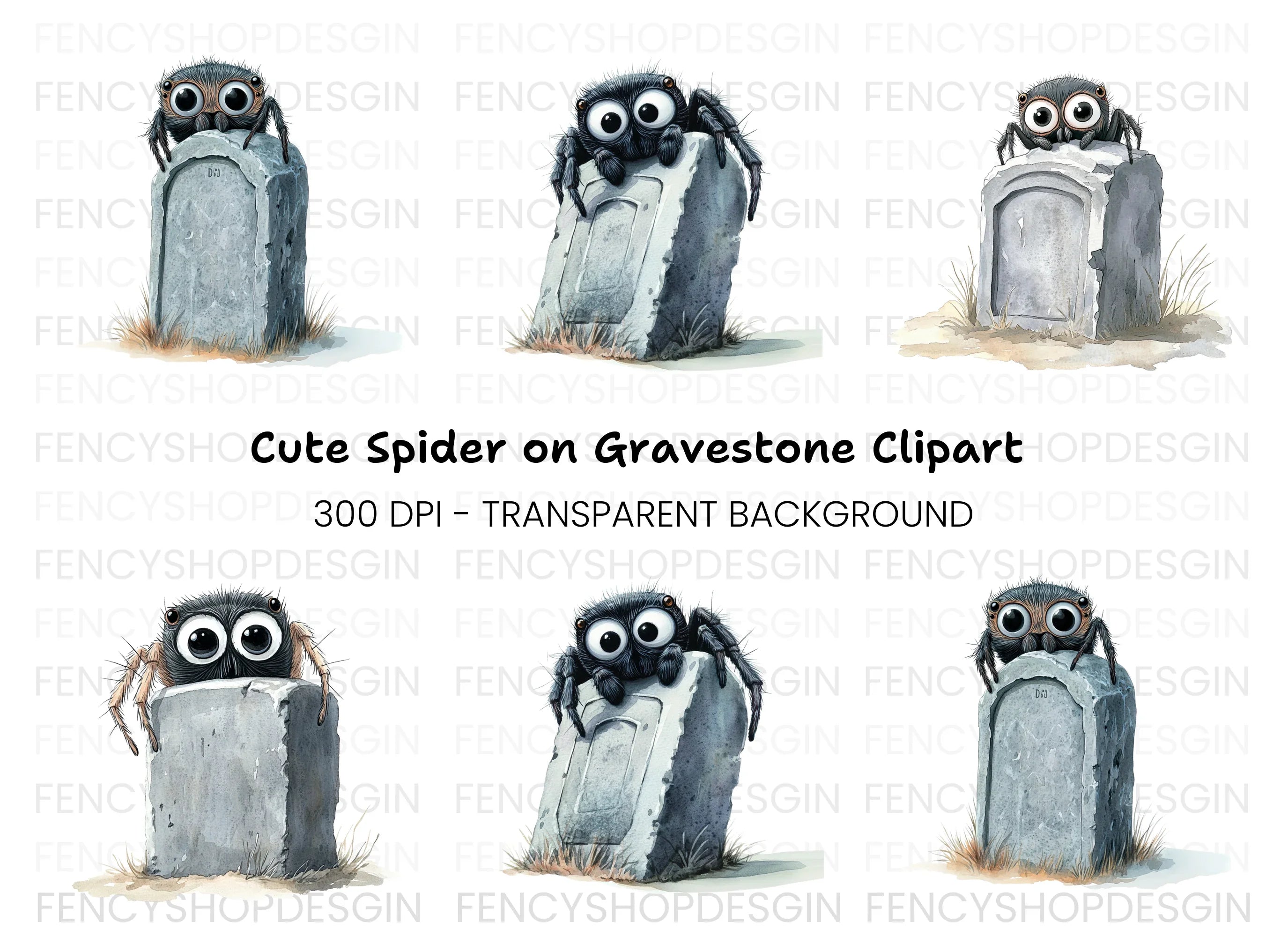 Cute Spiders on Gravestones Clipart Bundle