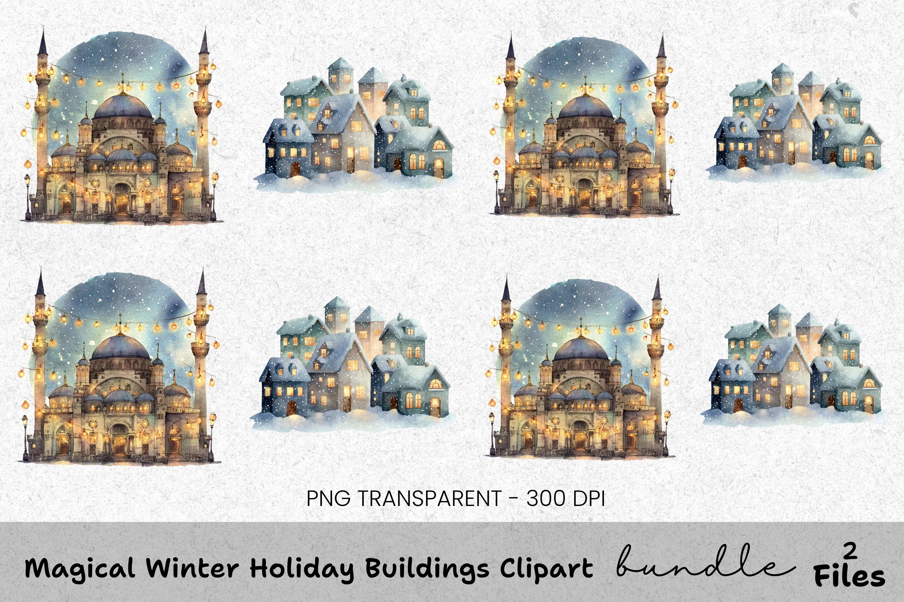 Winter Mosque and Snowy Village Clipart Bundle