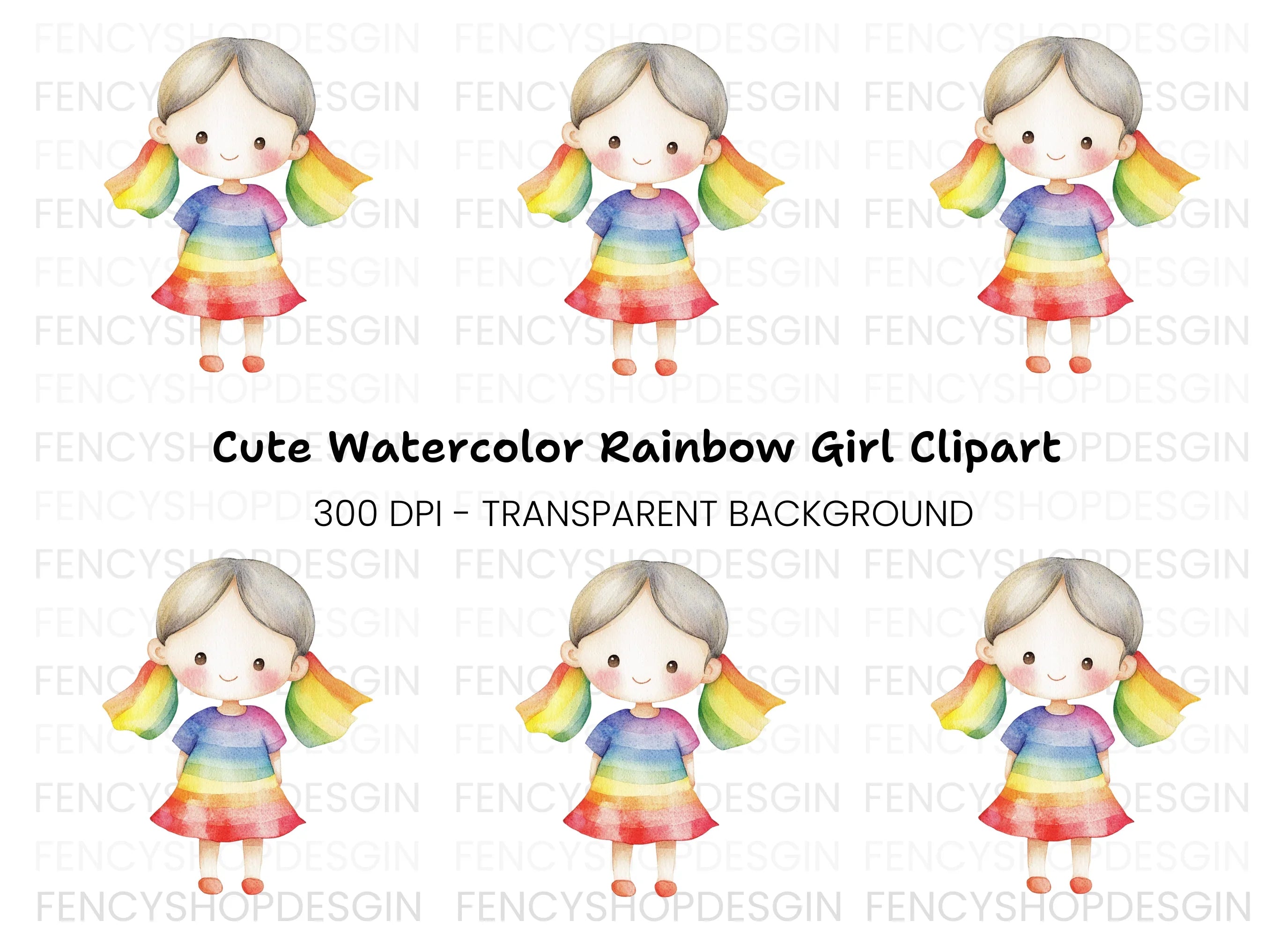 Cute Rainbow Girl Illustration Clipart Bundle