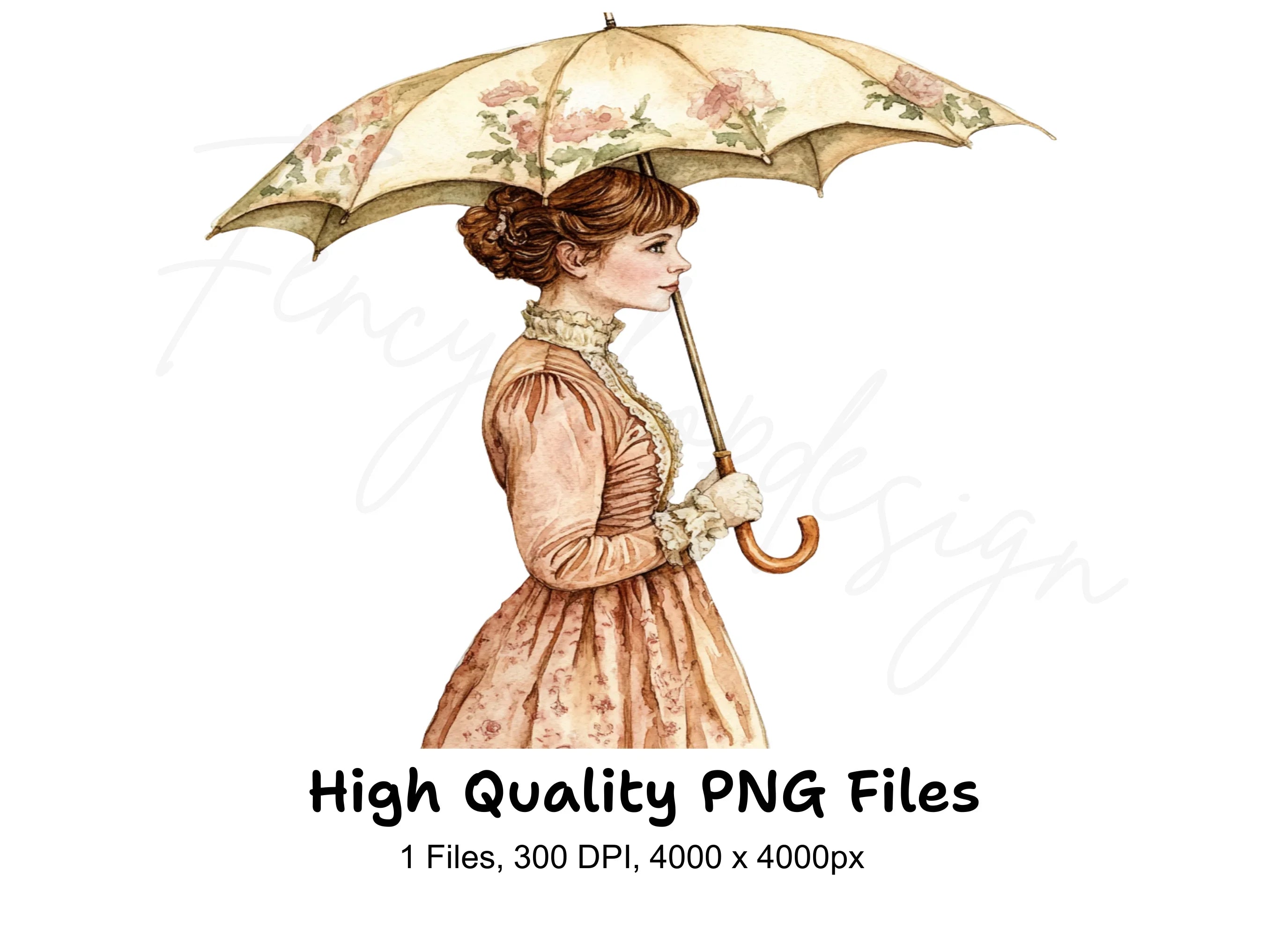 Victorian Lady with Floral Umbrella Clipart Bundle
