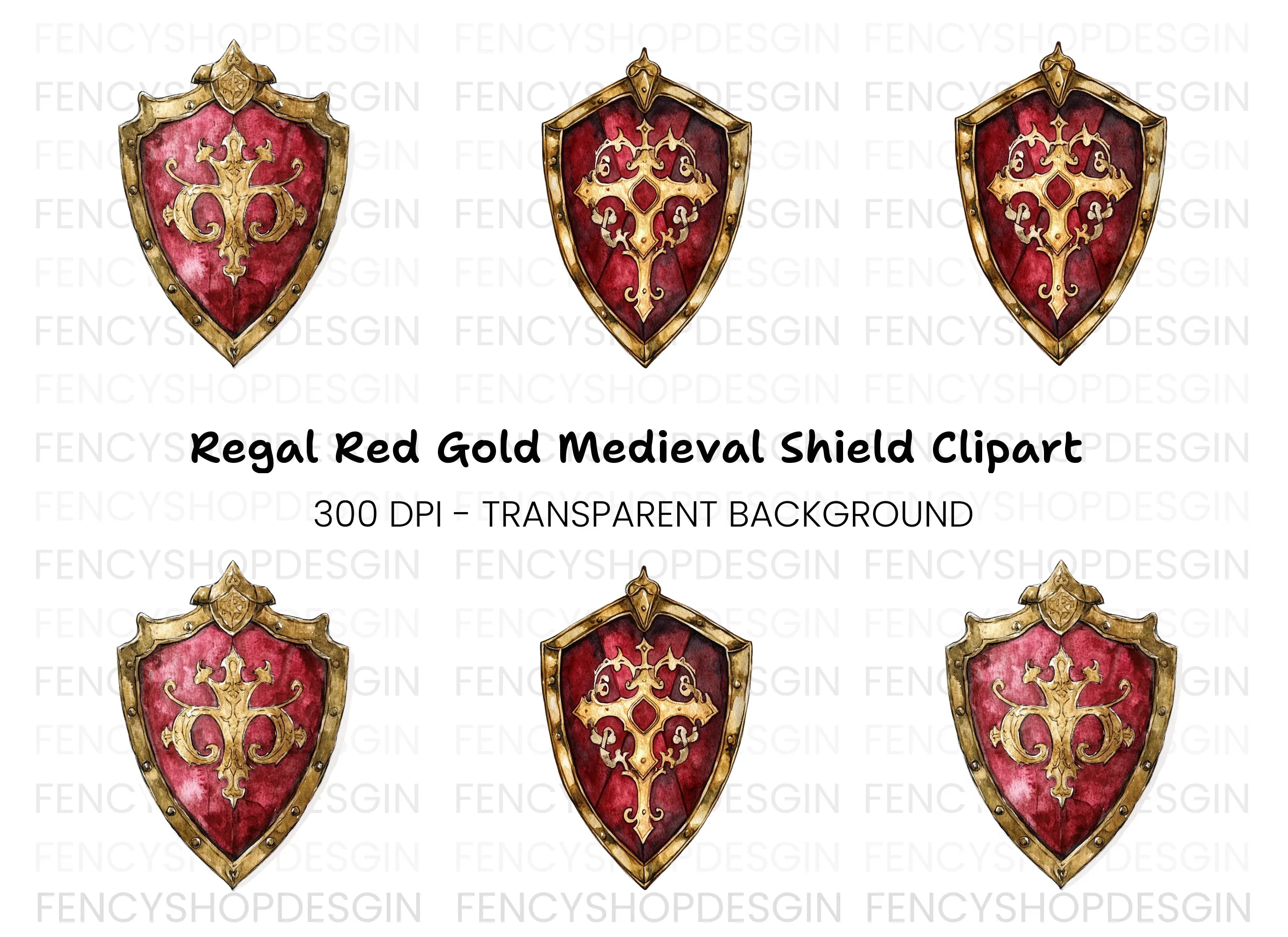 Red Gold Decorative Shield Clipart Bundle