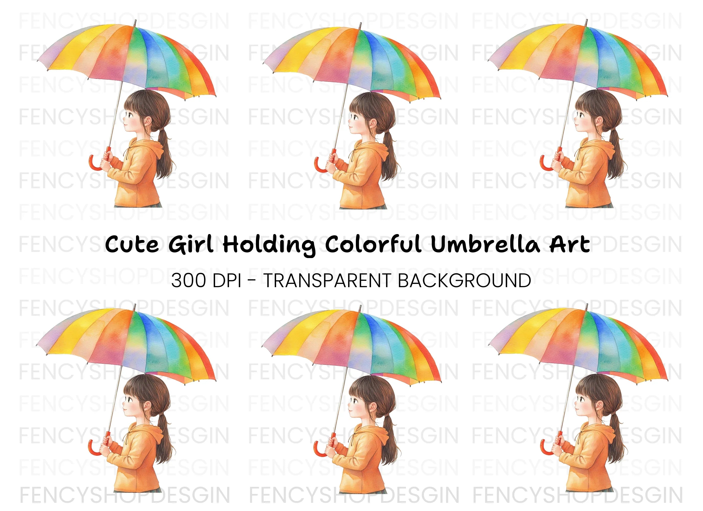 Girl with Rainbow Umbrella Clipart Bundle