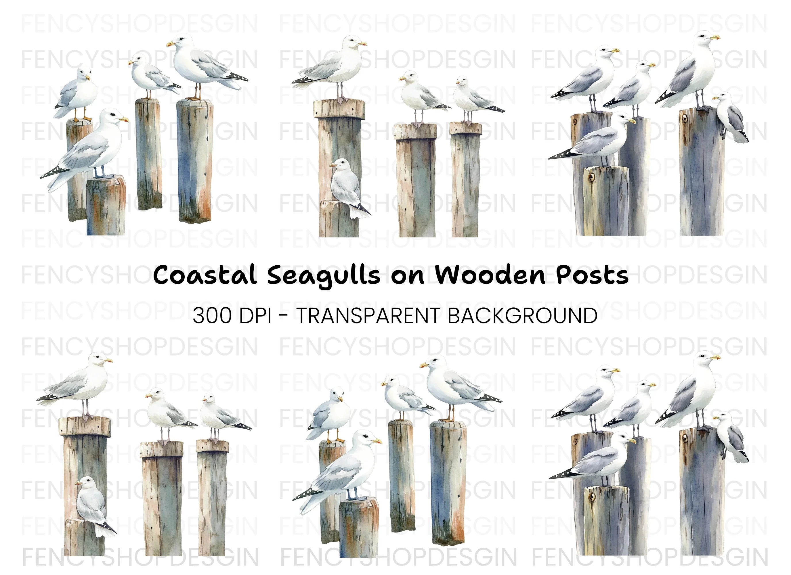 Seagulls on Pier Posts Clipart Bundle