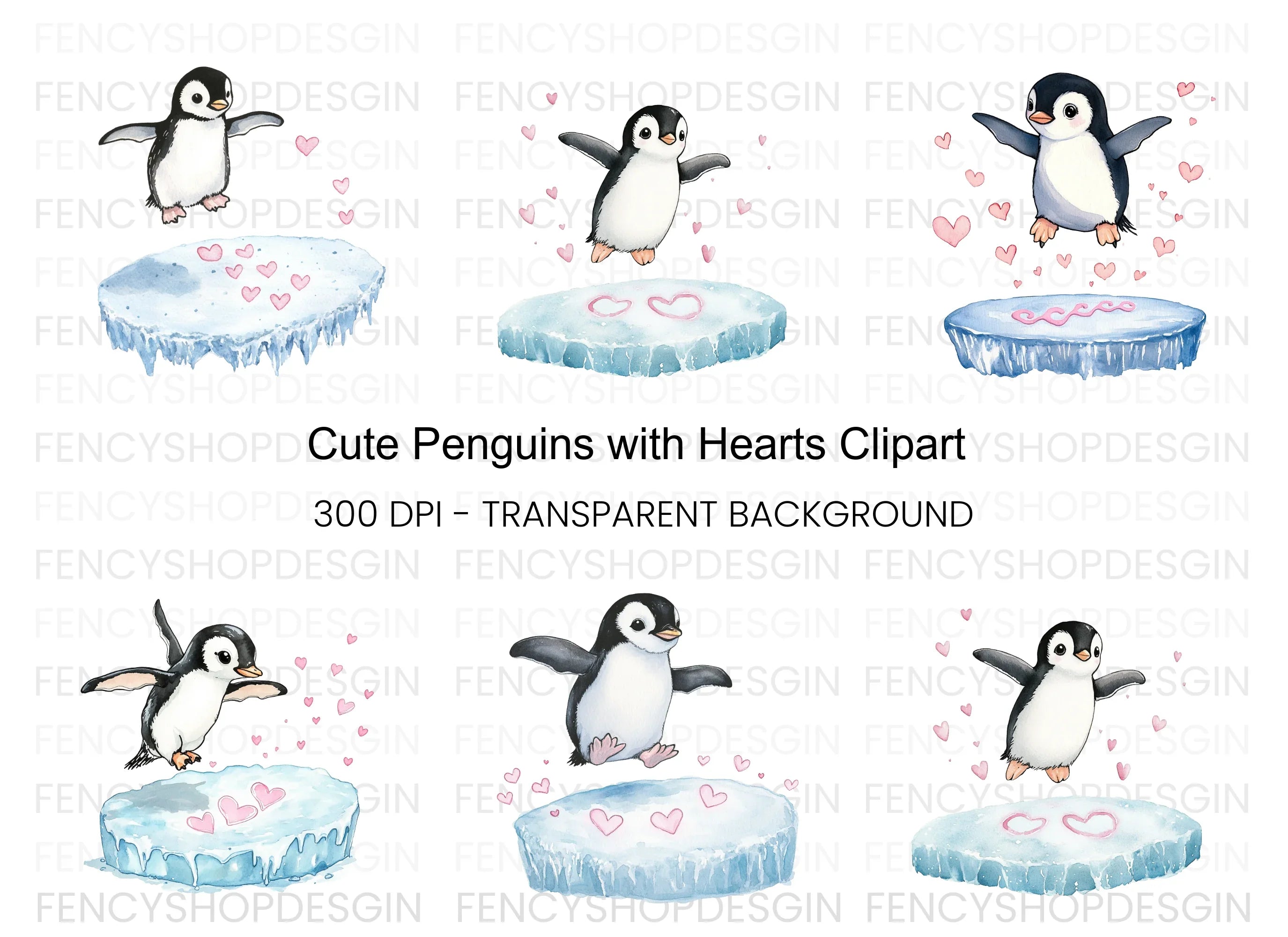 Adorable Penguin Love Hearts Clipart Bundle