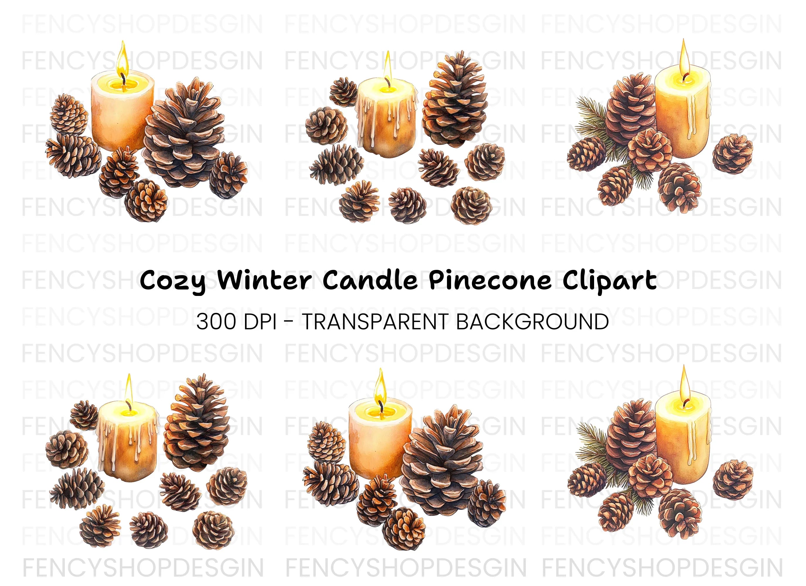 Christmas Candles and Pinecones Clipart Bundle