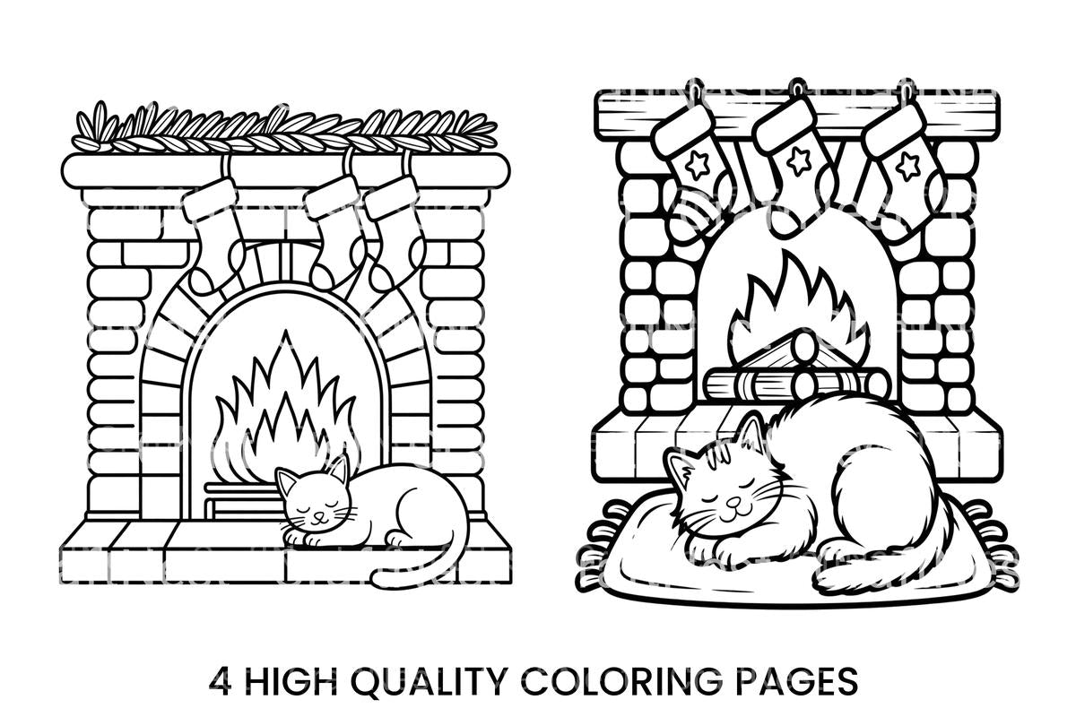 Christmas Fireplace Cat Coloring Books