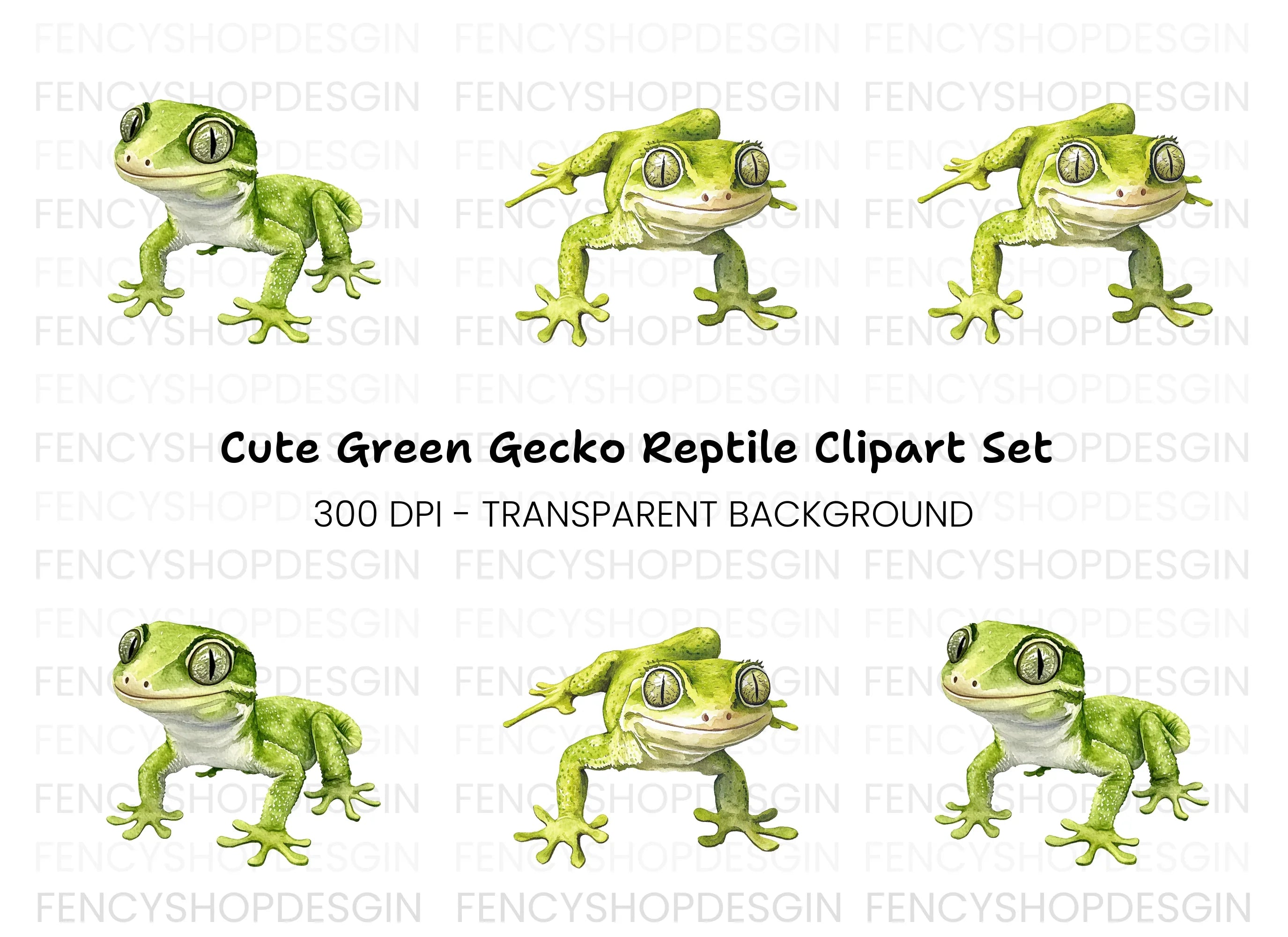 Cute Green Gecko Clipart Bundle