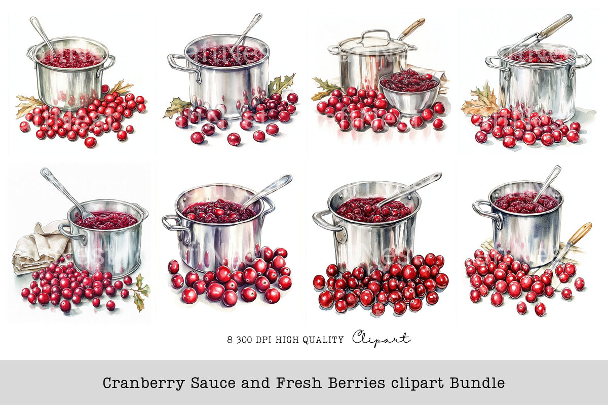 Cranberry Sauce And Fresh Berries Clipart Bundle