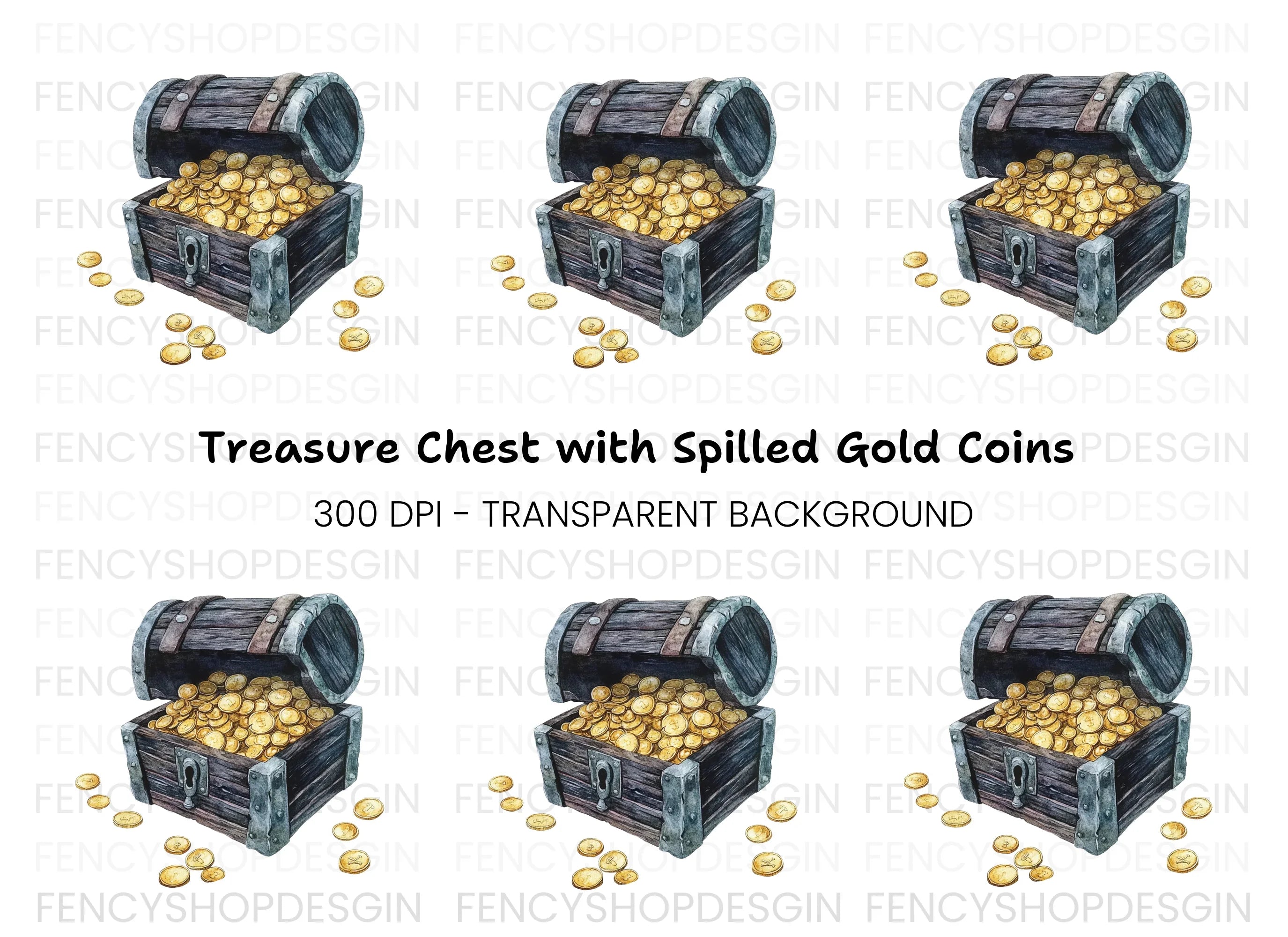 Vintage Treasure Chest with Gold Coins Clipart Bundle
