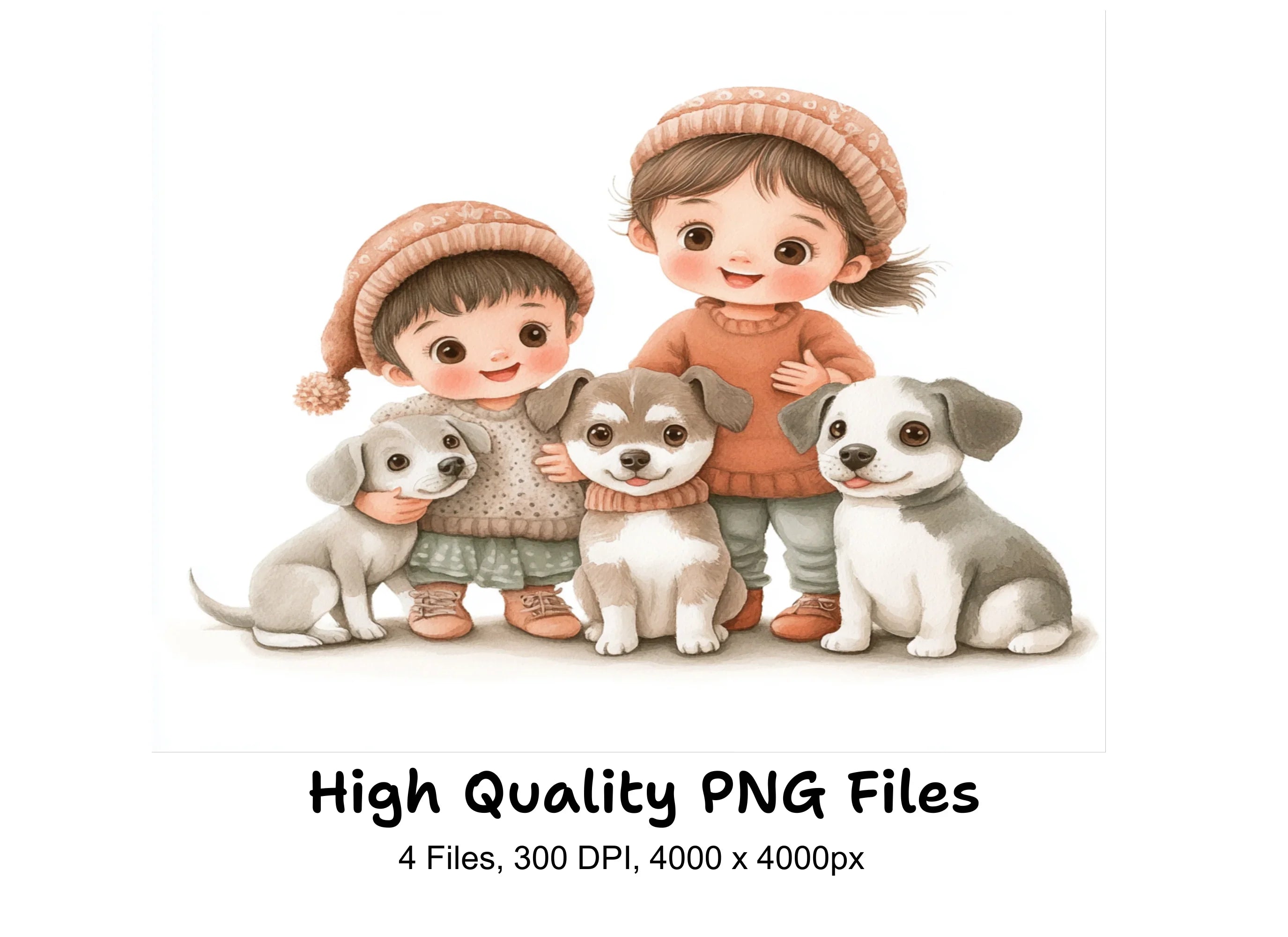 Cute Kids and Puppies Winter Clipart Bundle