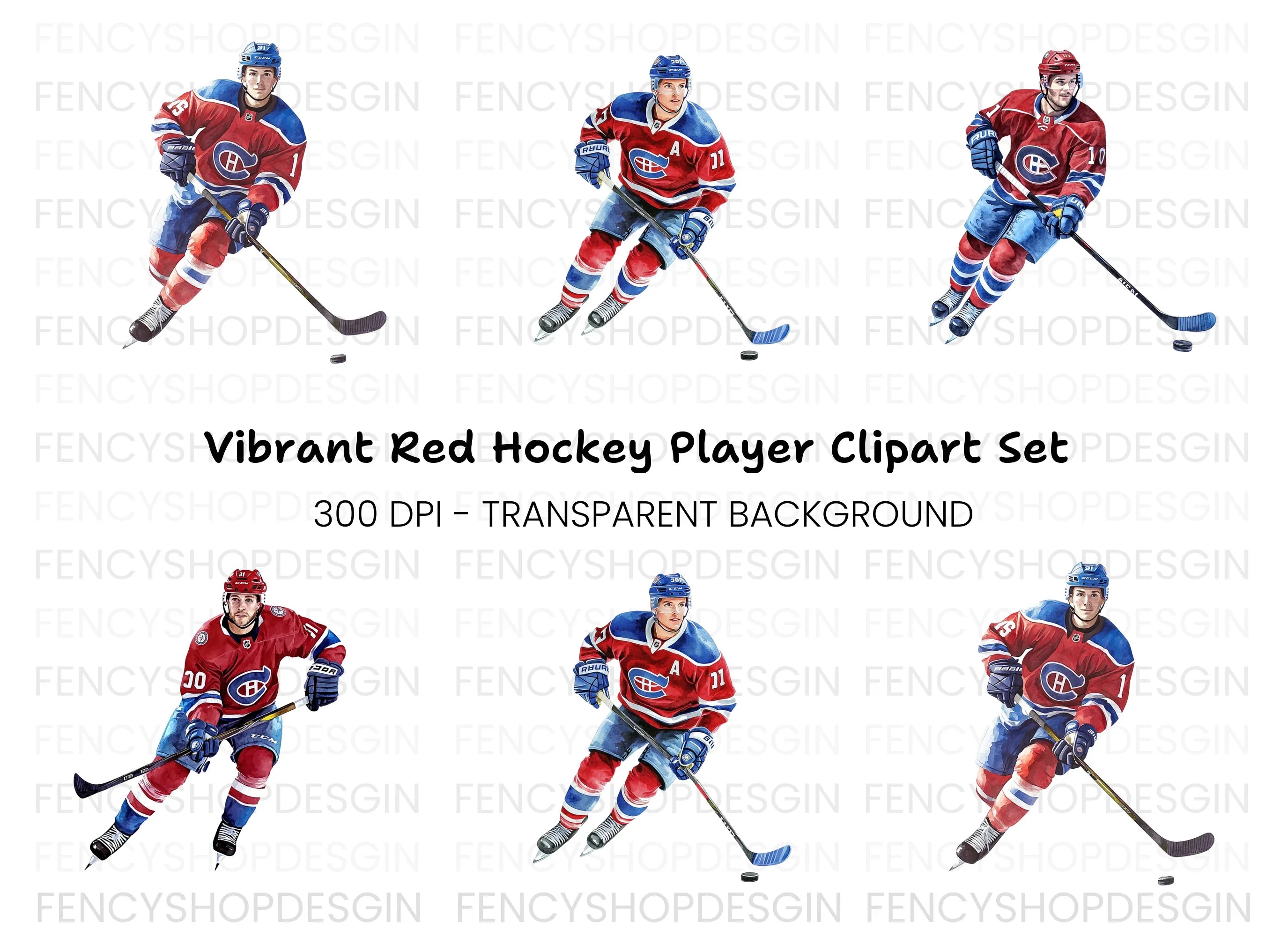 Red Hockey Team Action Clipart Bundle