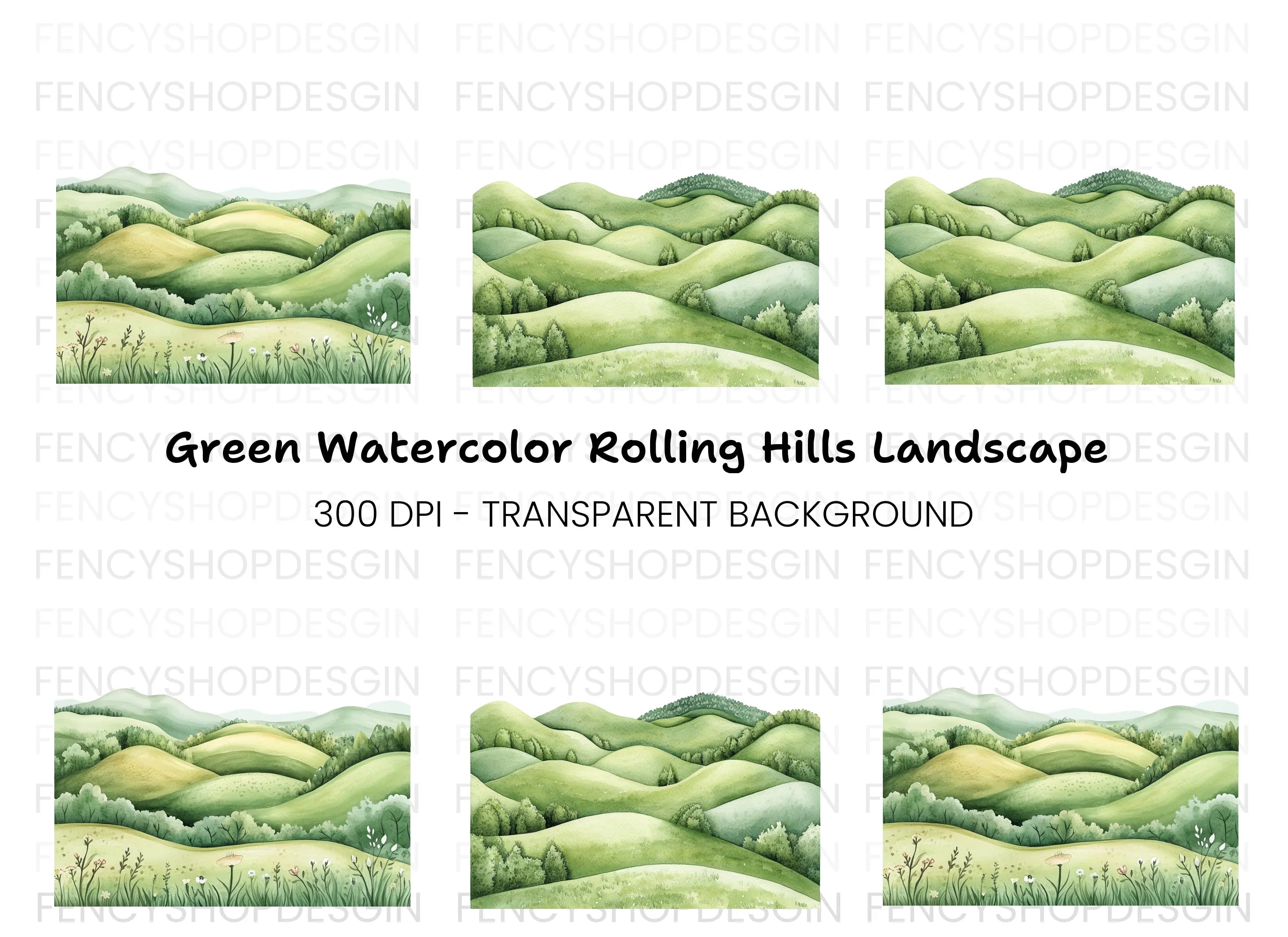 Green Rolling Hills Landscape Clipart Bundle