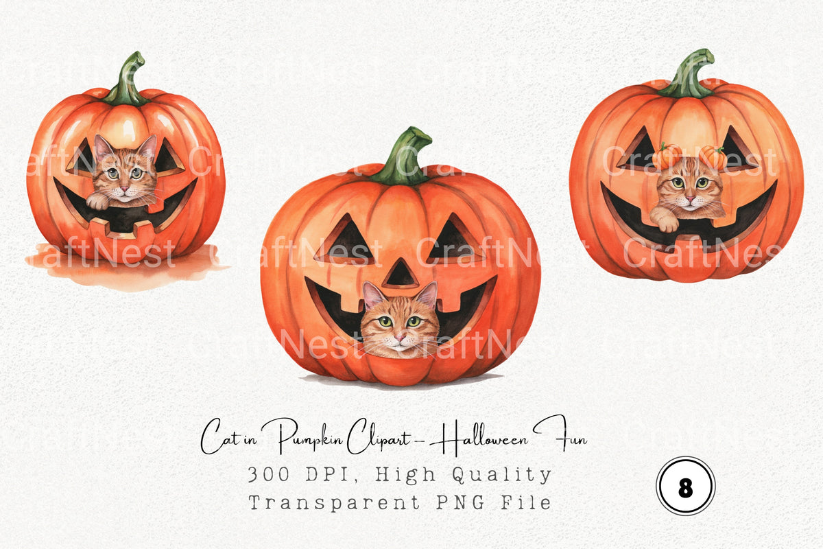 Cat In Pumpkin Halloween Fun Clipart Bundle