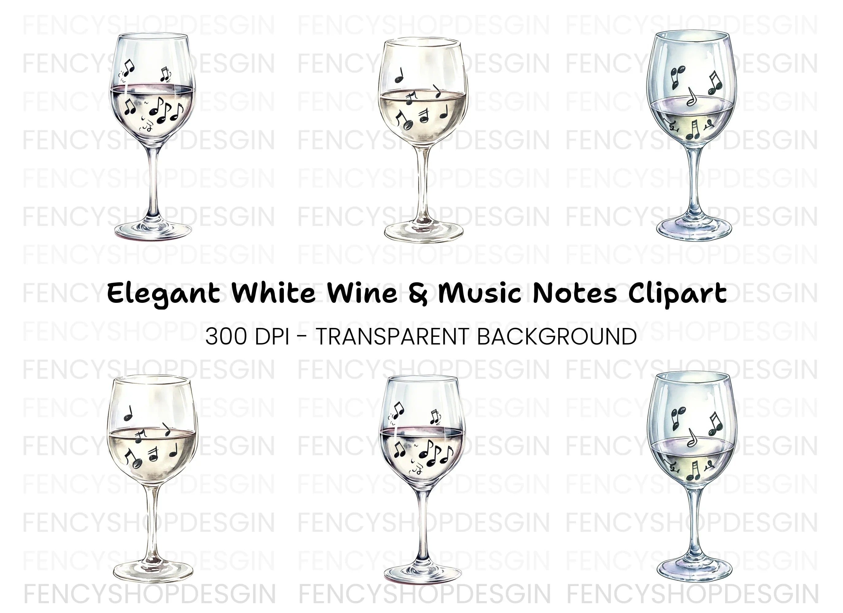 Wine Glasses with Musical Notes Clipart Bundle