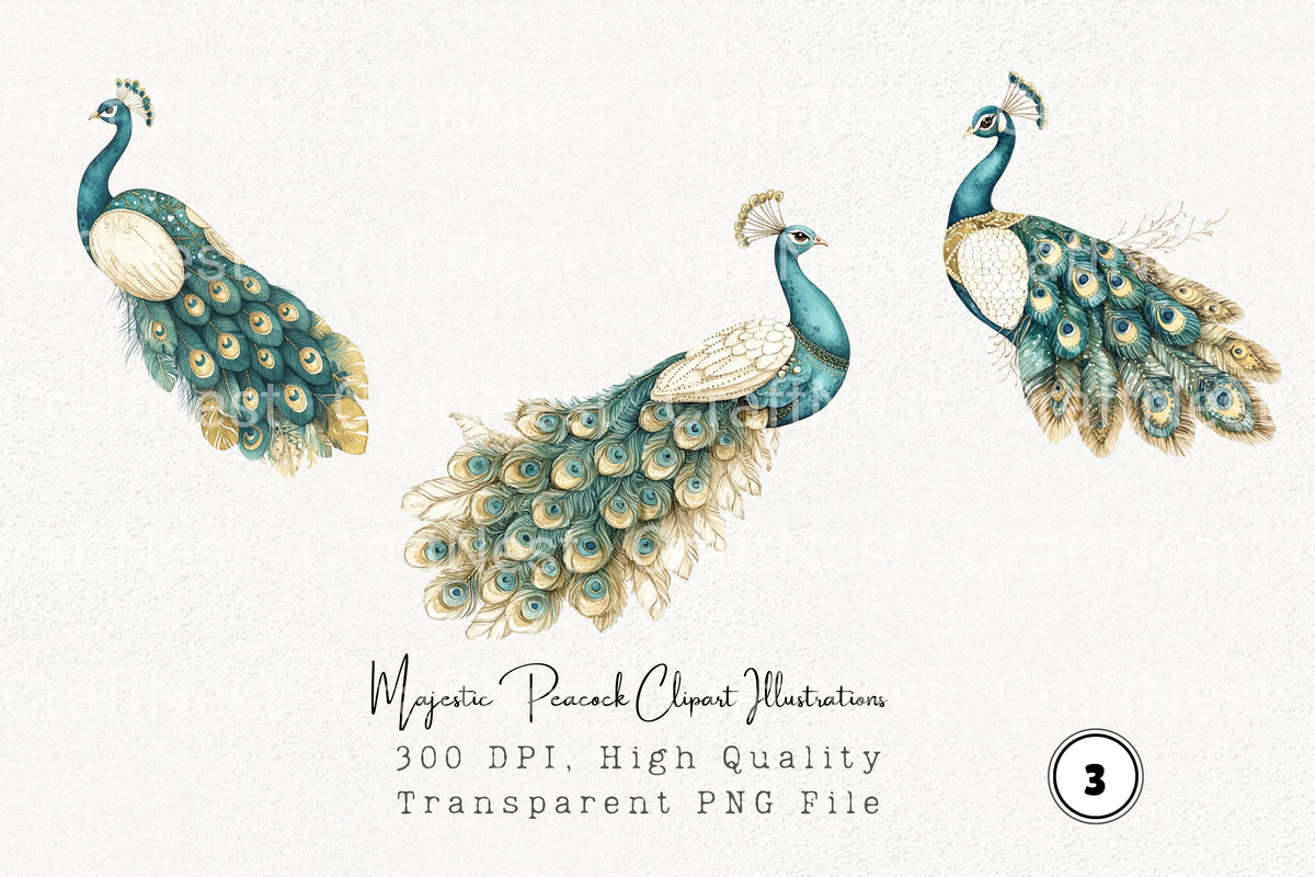 Majestic Peacock Illustrations Clipart Bundle