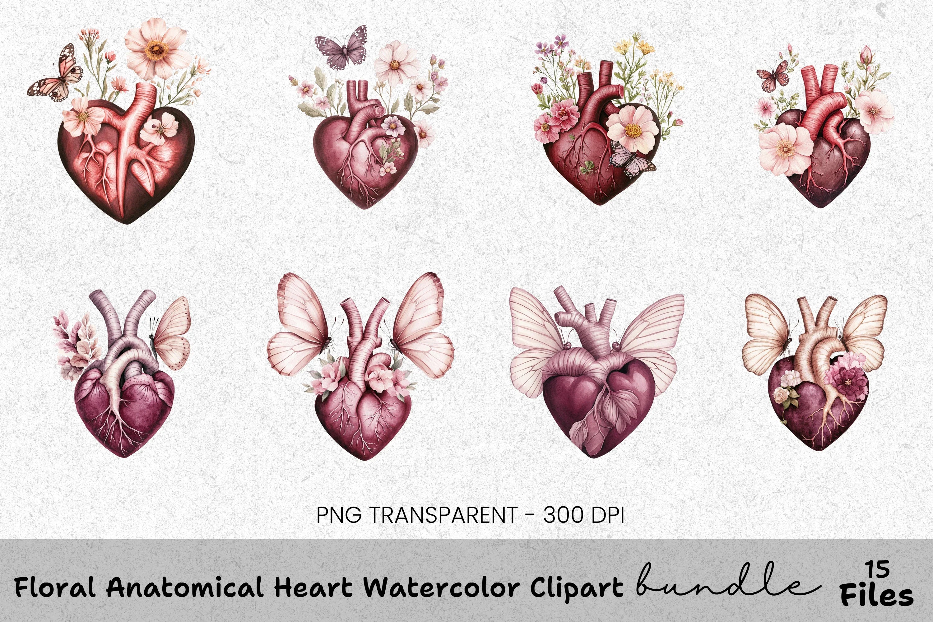 Floral Anatomical Heart Clipart Bundle