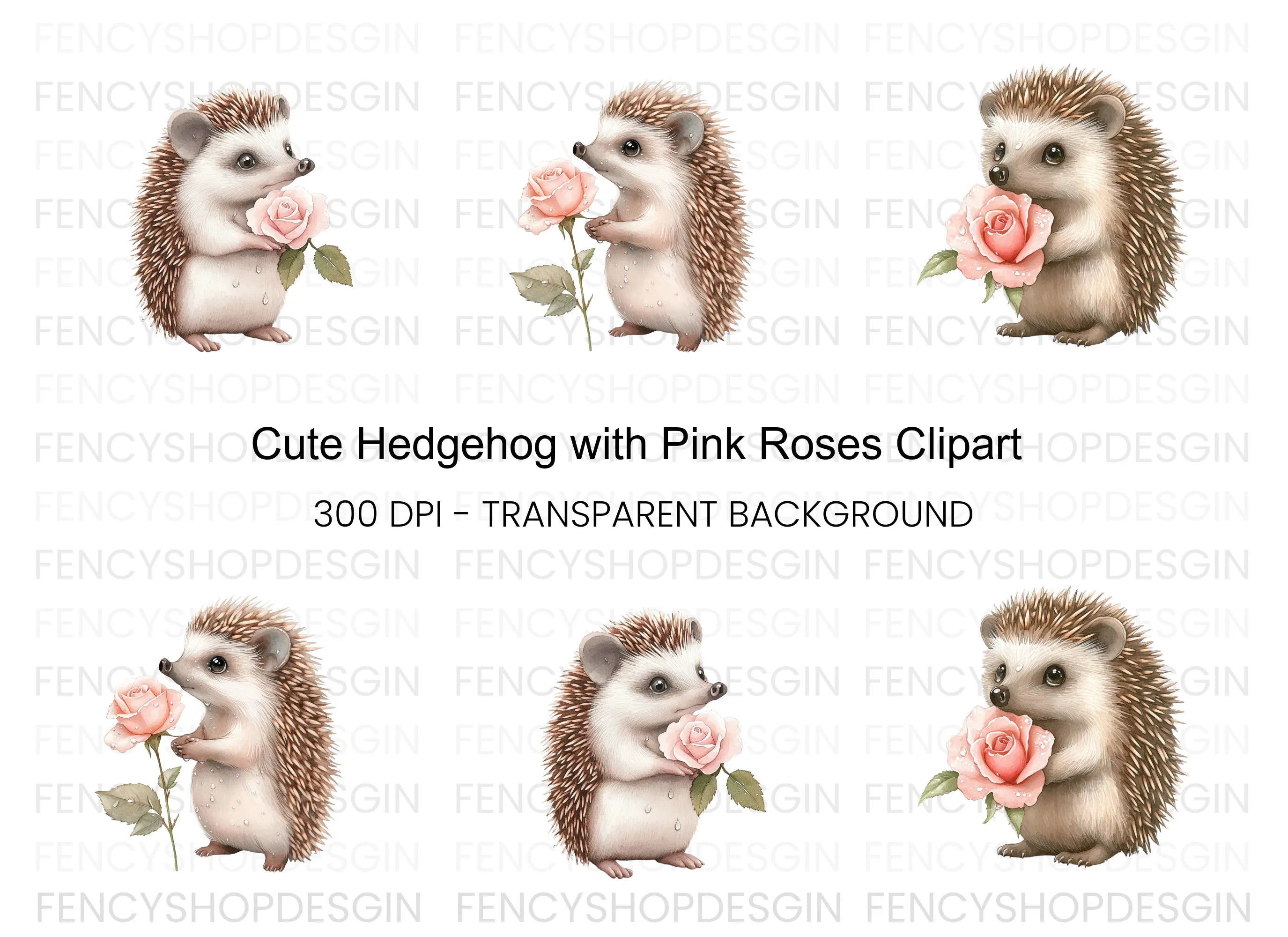 Cute Hedgehog with Pink Rose Clipart Bundle