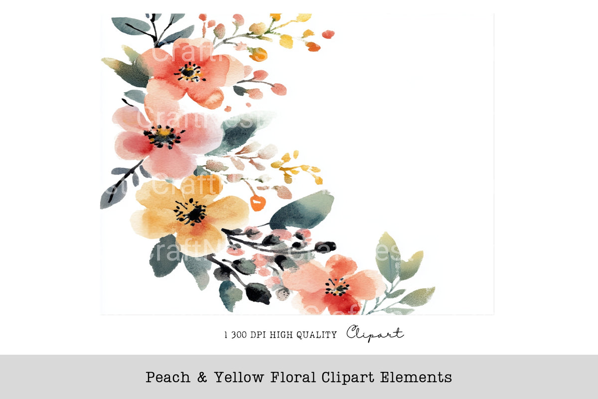 Peach Yellow Floral Elements Clipart Bundle