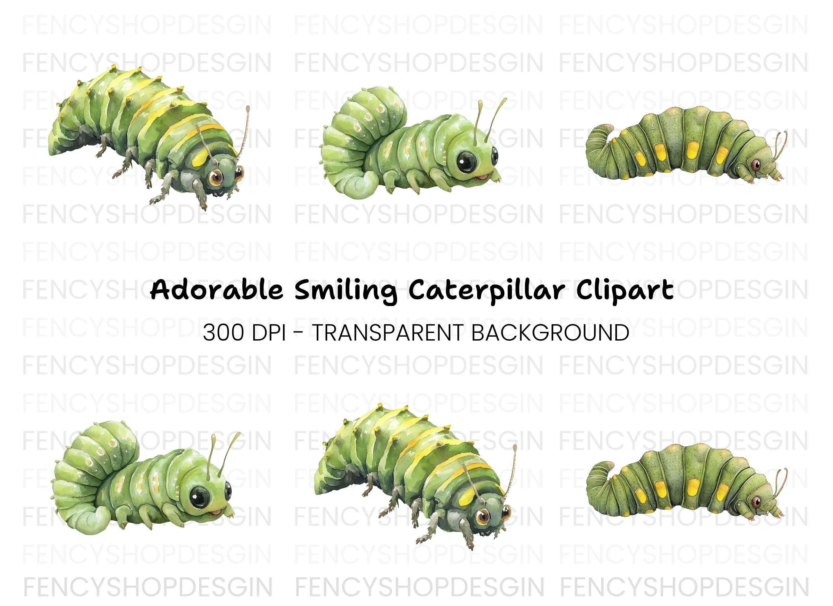 Cute Green Caterpillar Clipart Bundle