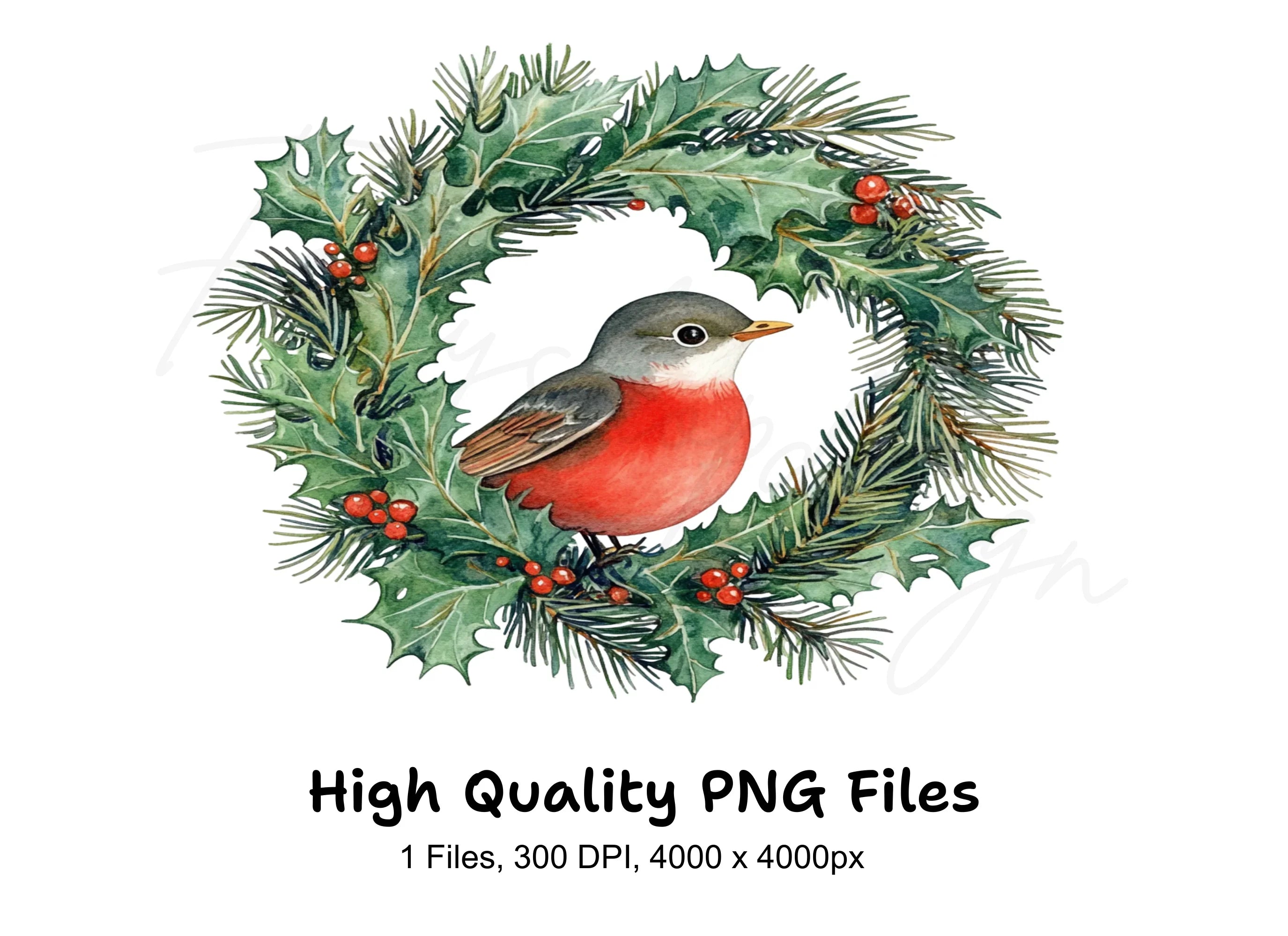Festive Holly Wreath with Robin Clipart Bundle