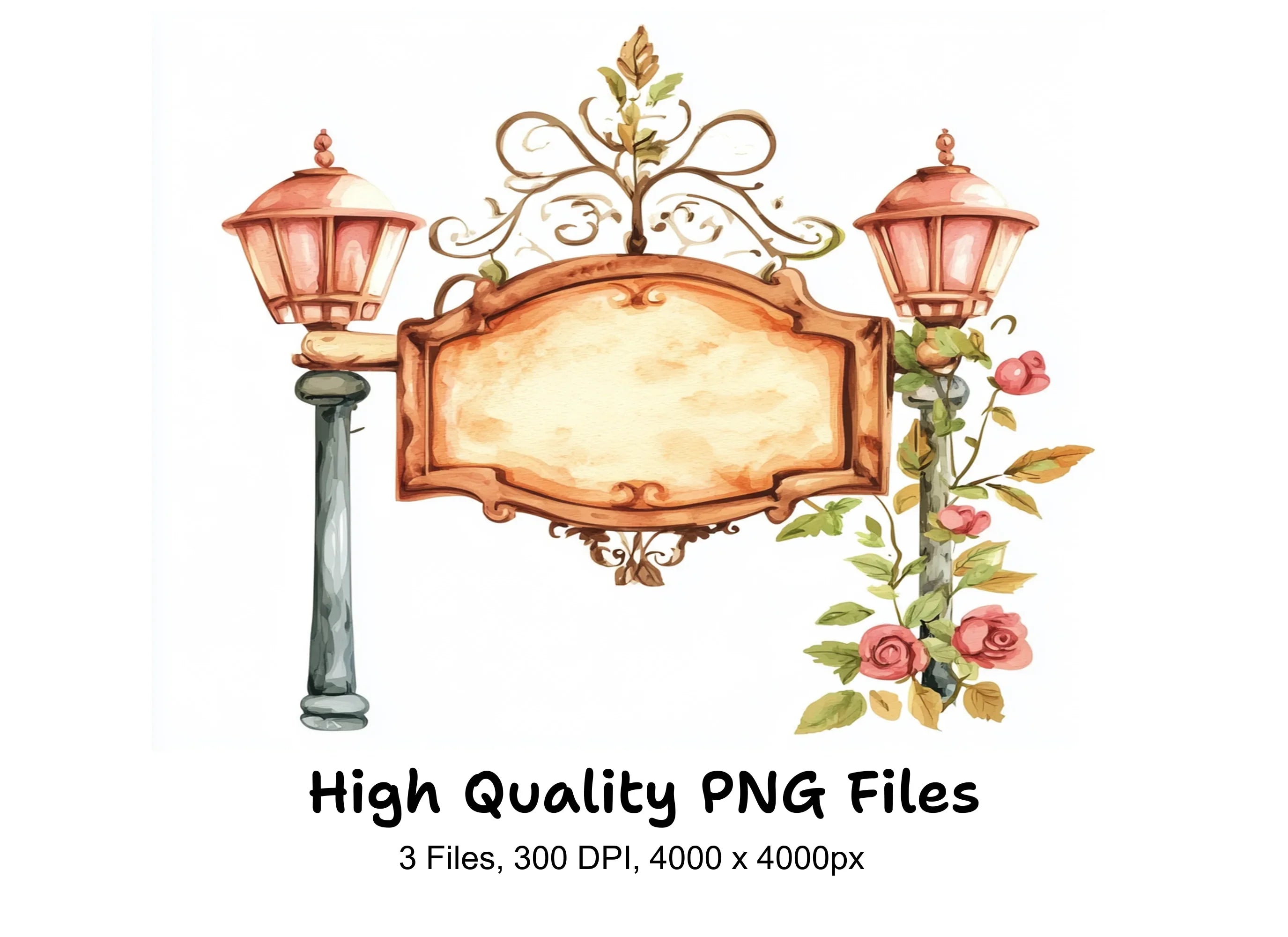 Vintage Shop Signs and Lamp Posts Clipart Bundle