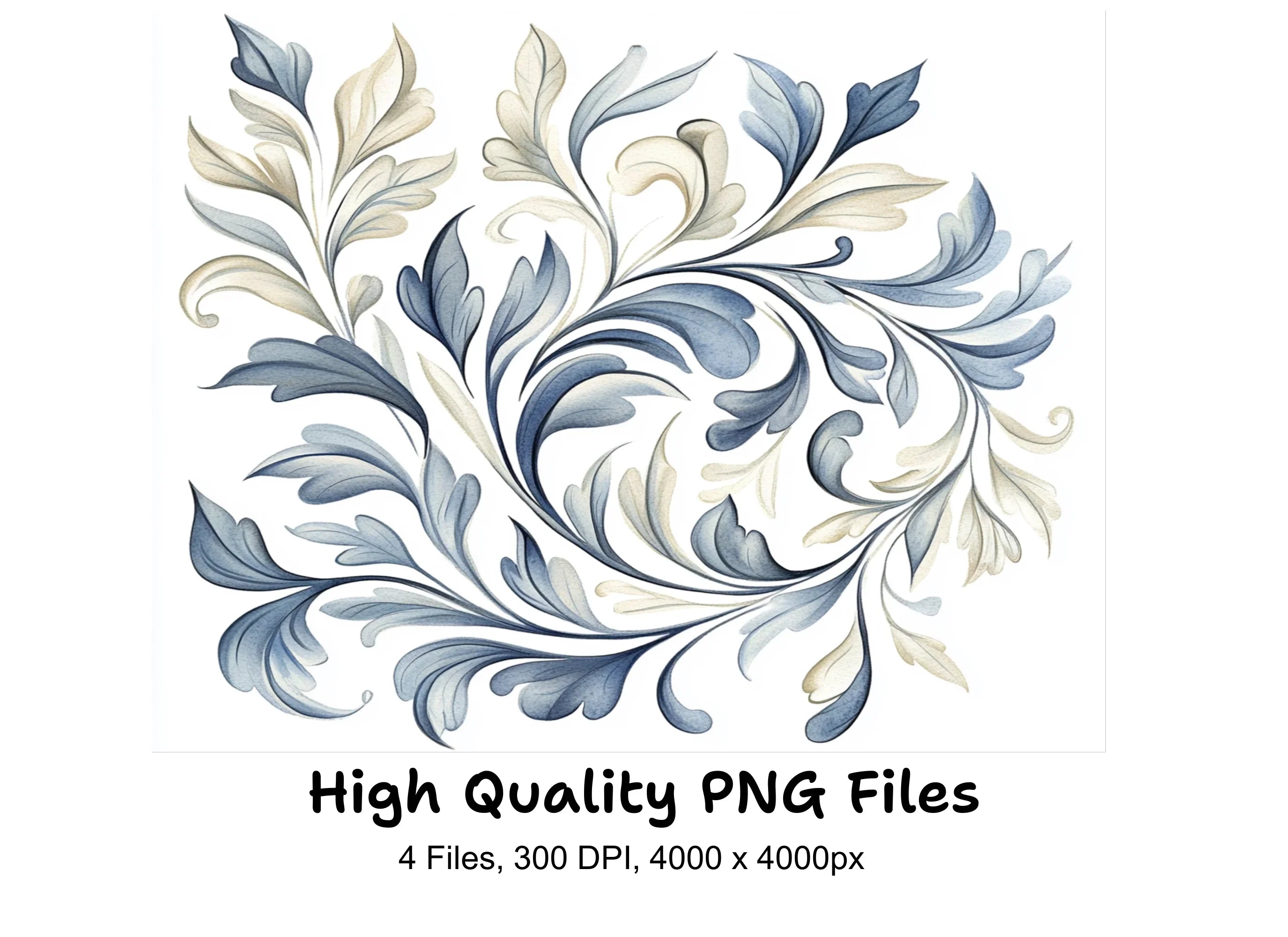 Elegant Blue Gold Swirl Leaf Clipart Bundle