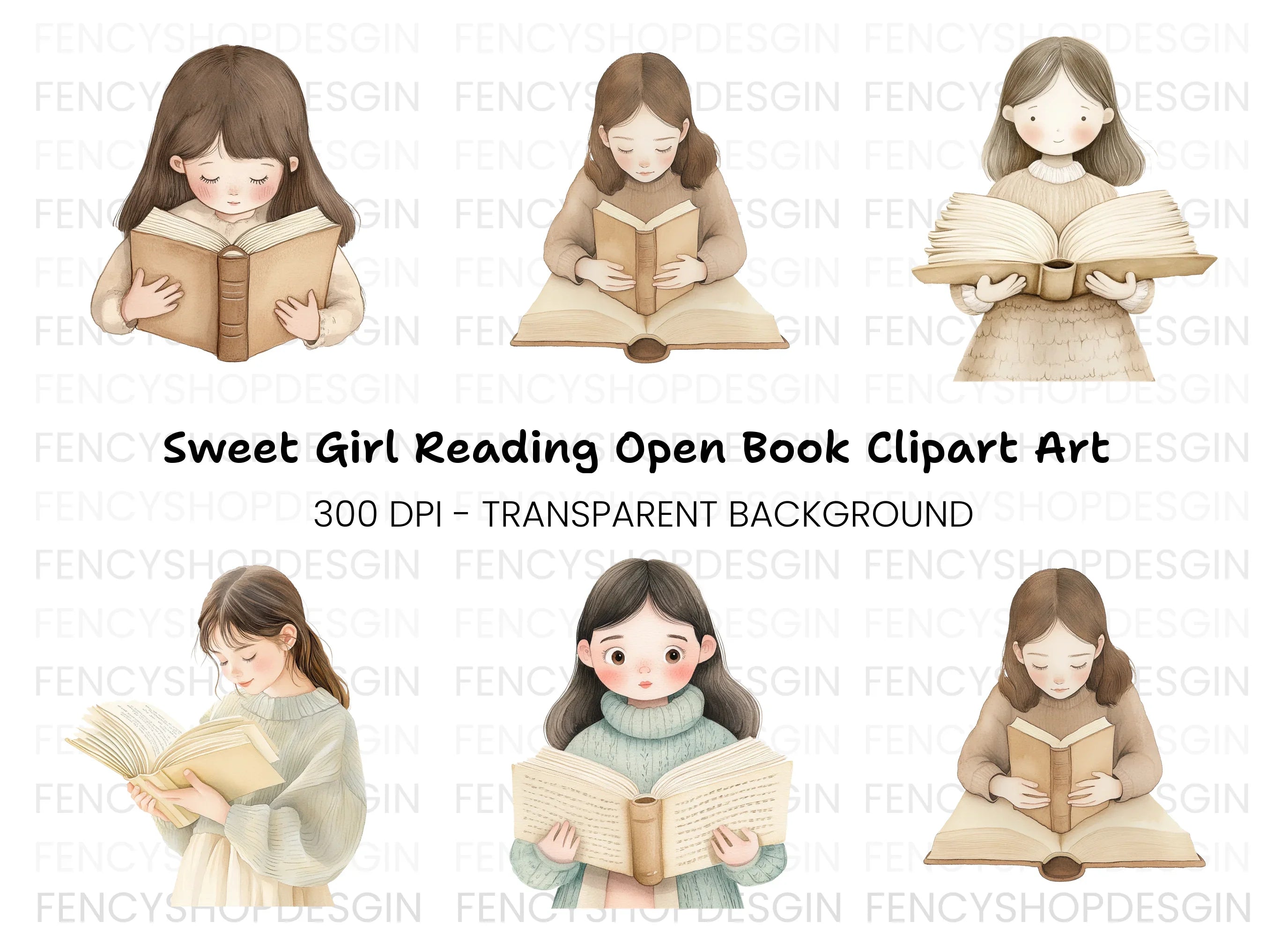 Girls Reading Books Clipart Bundle