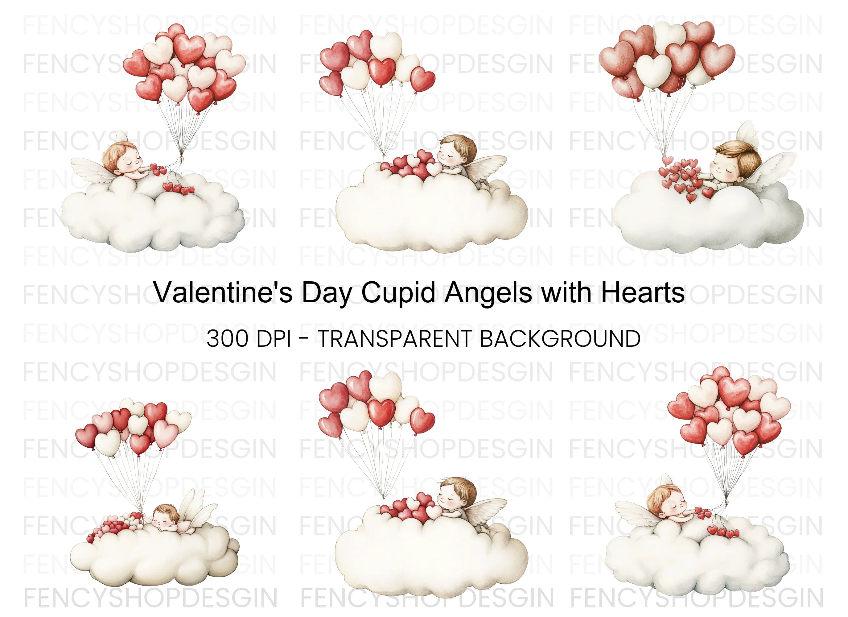 Cute Valentine Cupid with Heart Balloons Clipart Bundle